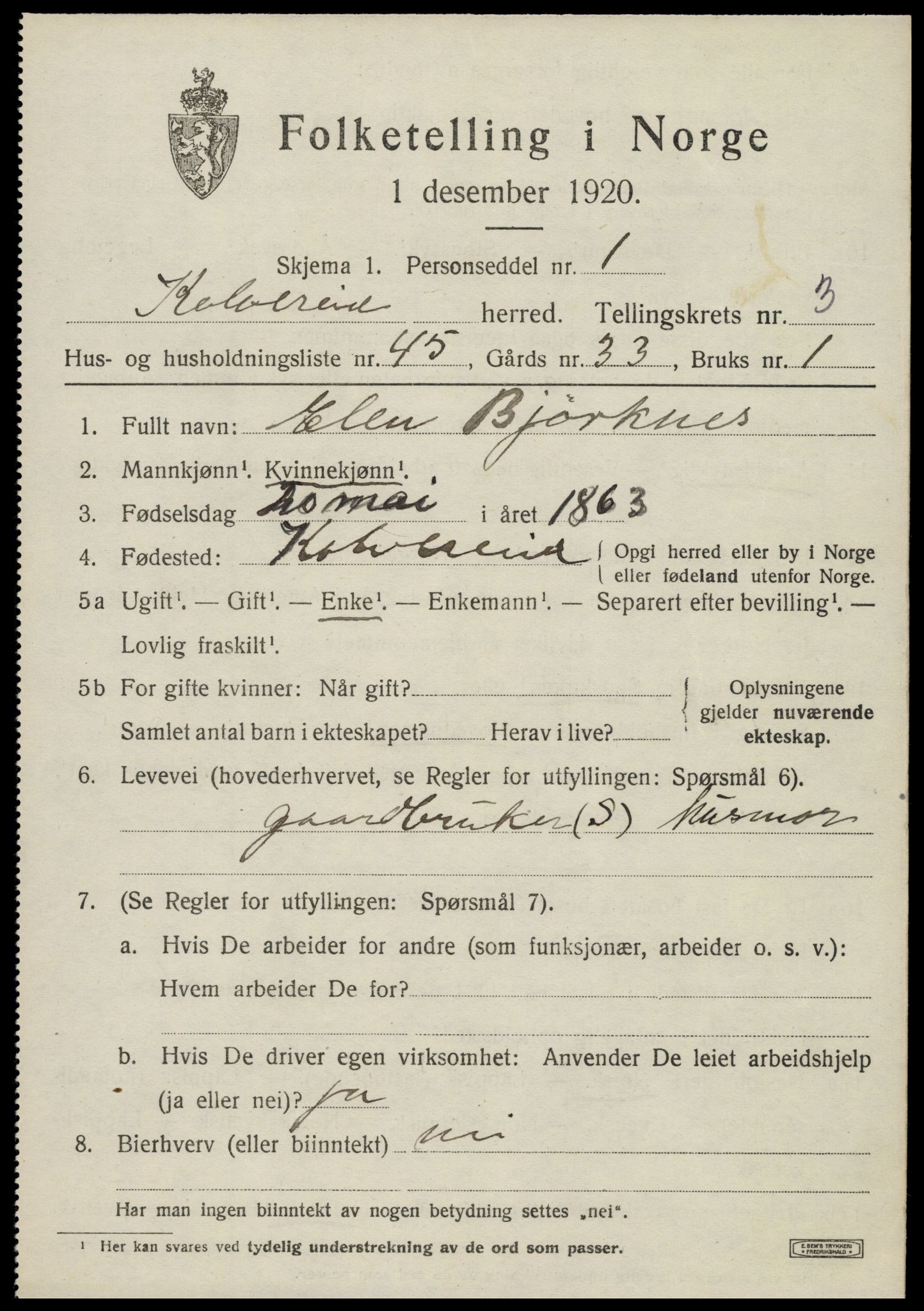 SAT, 1920 census for Kolvereid, 1920, p. 2449