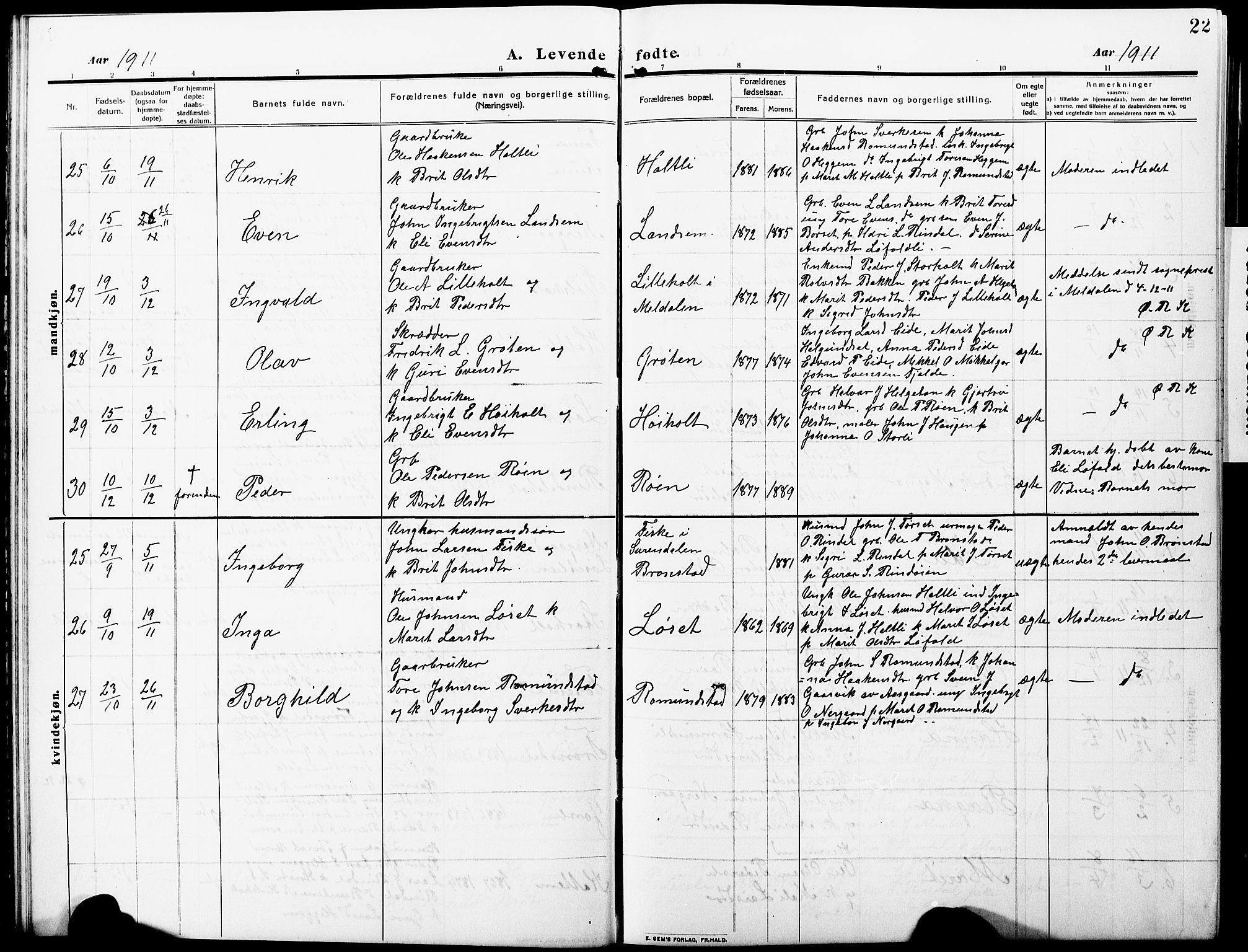 Ministerialprotokoller, klokkerbøker og fødselsregistre - Møre og Romsdal, AV/SAT-A-1454/598/L1079: Parish register (copy) no. 598C04, 1909-1927, p. 22