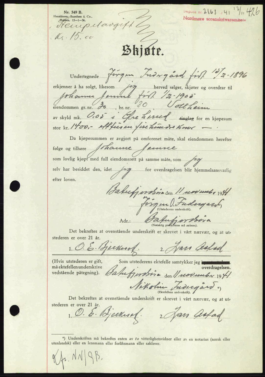 Nordmøre sorenskriveri, AV/SAT-A-4132/1/2/2Ca: Mortgage book no. A91, 1941-1942, Diary no: : 2163/1941