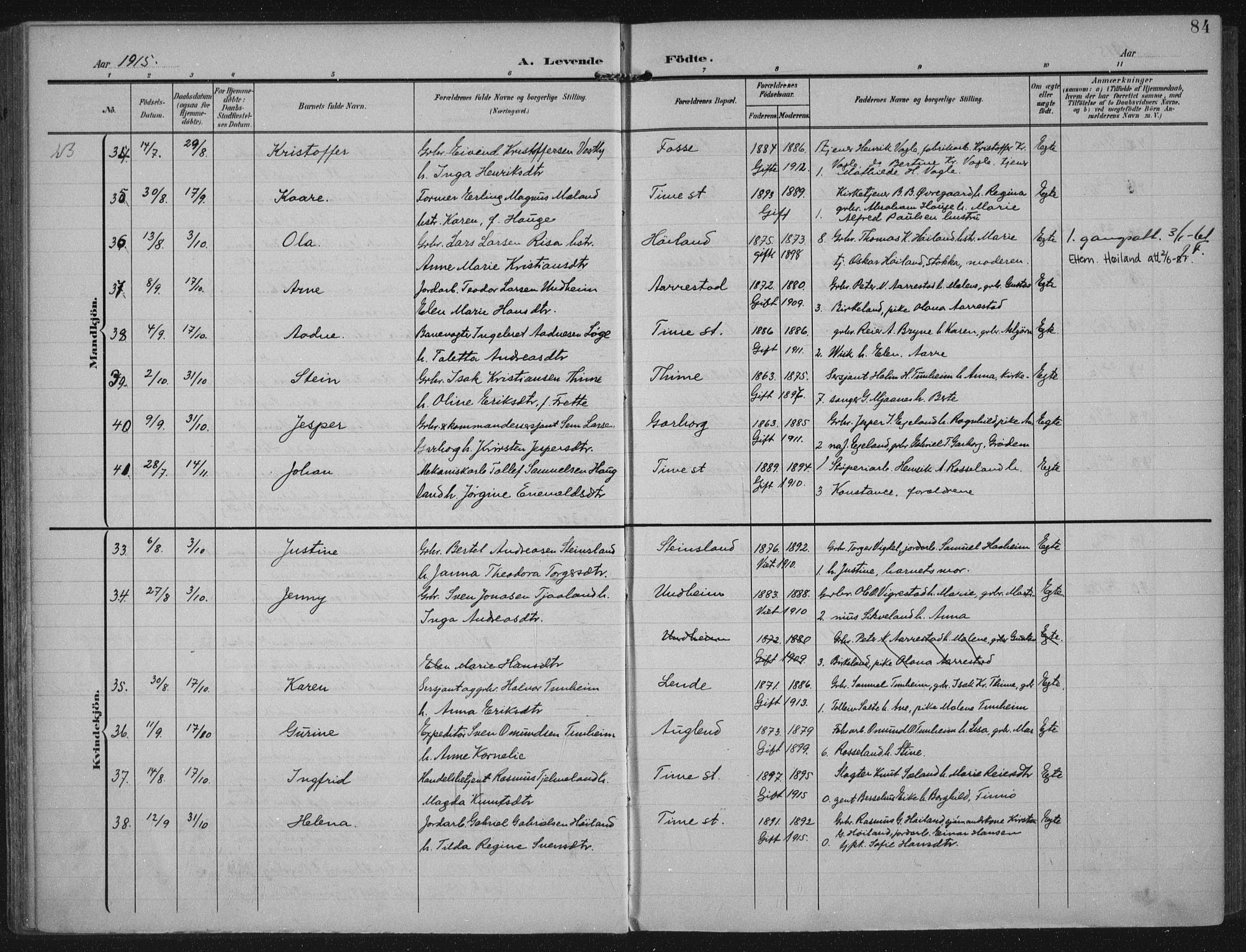 Lye sokneprestkontor, AV/SAST-A-101794/002/A/L0001: Parish register (official) no. A 12, 1904-1920, p. 84