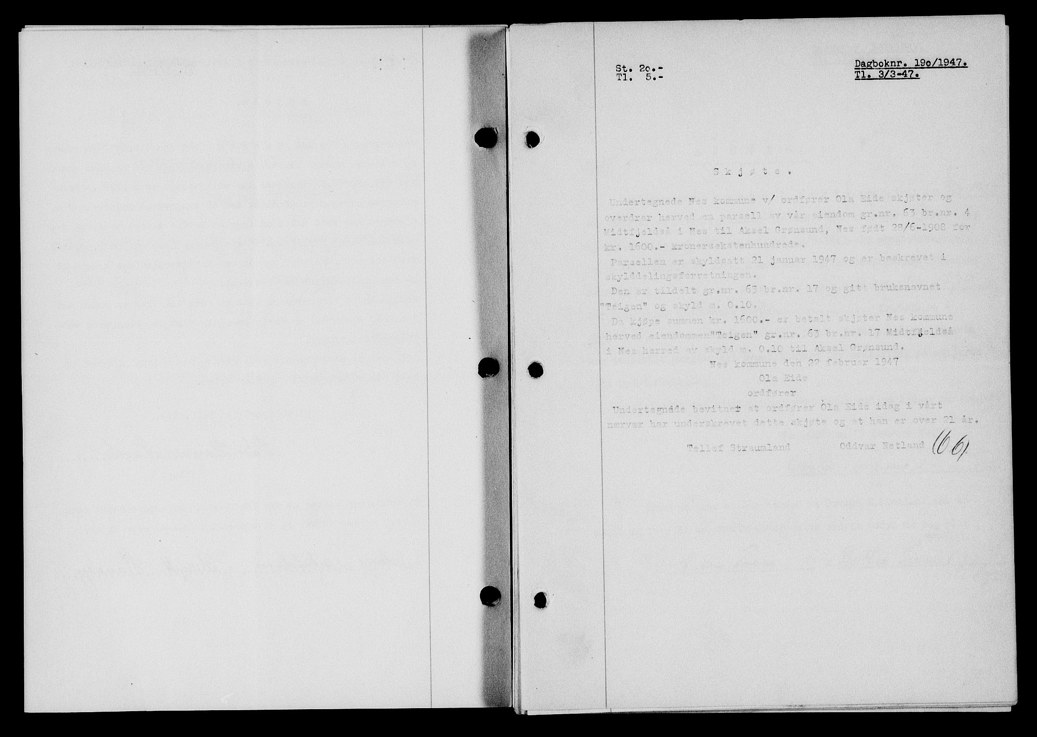 Flekkefjord sorenskriveri, SAK/1221-0001/G/Gb/Gba/L0061: Mortgage book no. A-9, 1946-1947, Diary no: : 190/1947