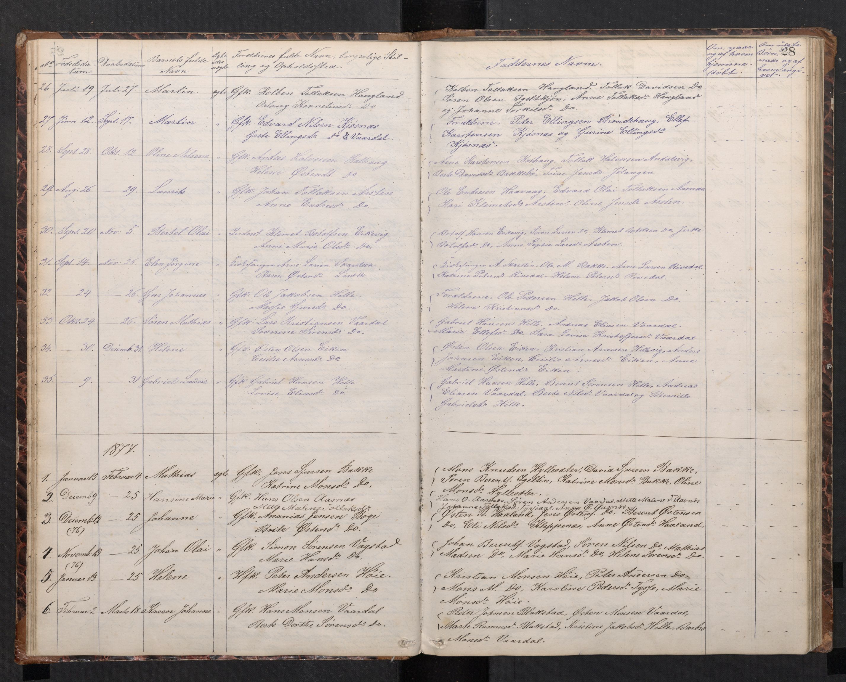 Fjaler sokneprestembete, AV/SAB-A-79801/H/Hab/Habb/L0001: Parish register (copy) no. B 1, 1865-1894, p. 27b-28a