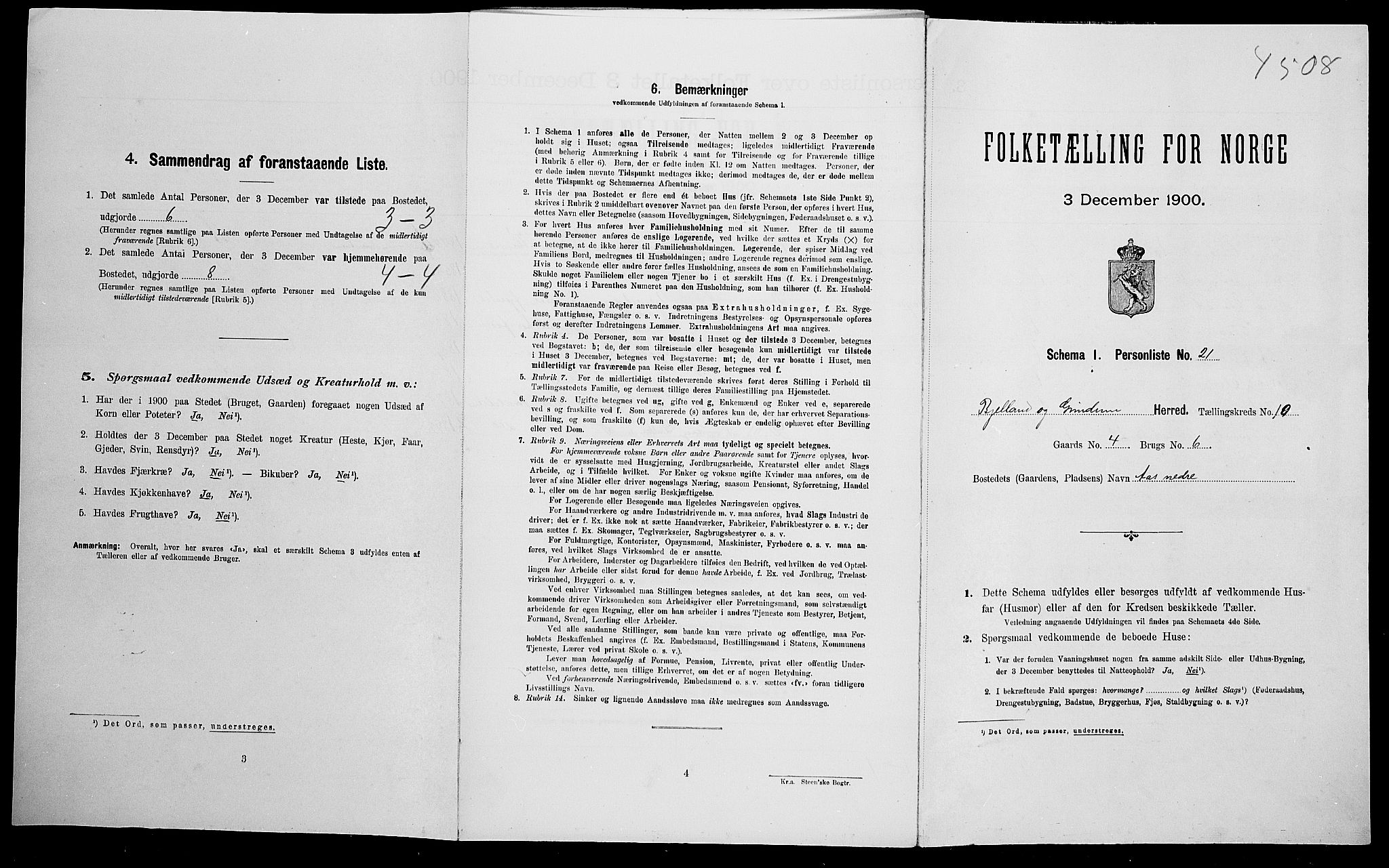 SAK, 1900 census for Bjelland og Grindheim, 1900, p. 497