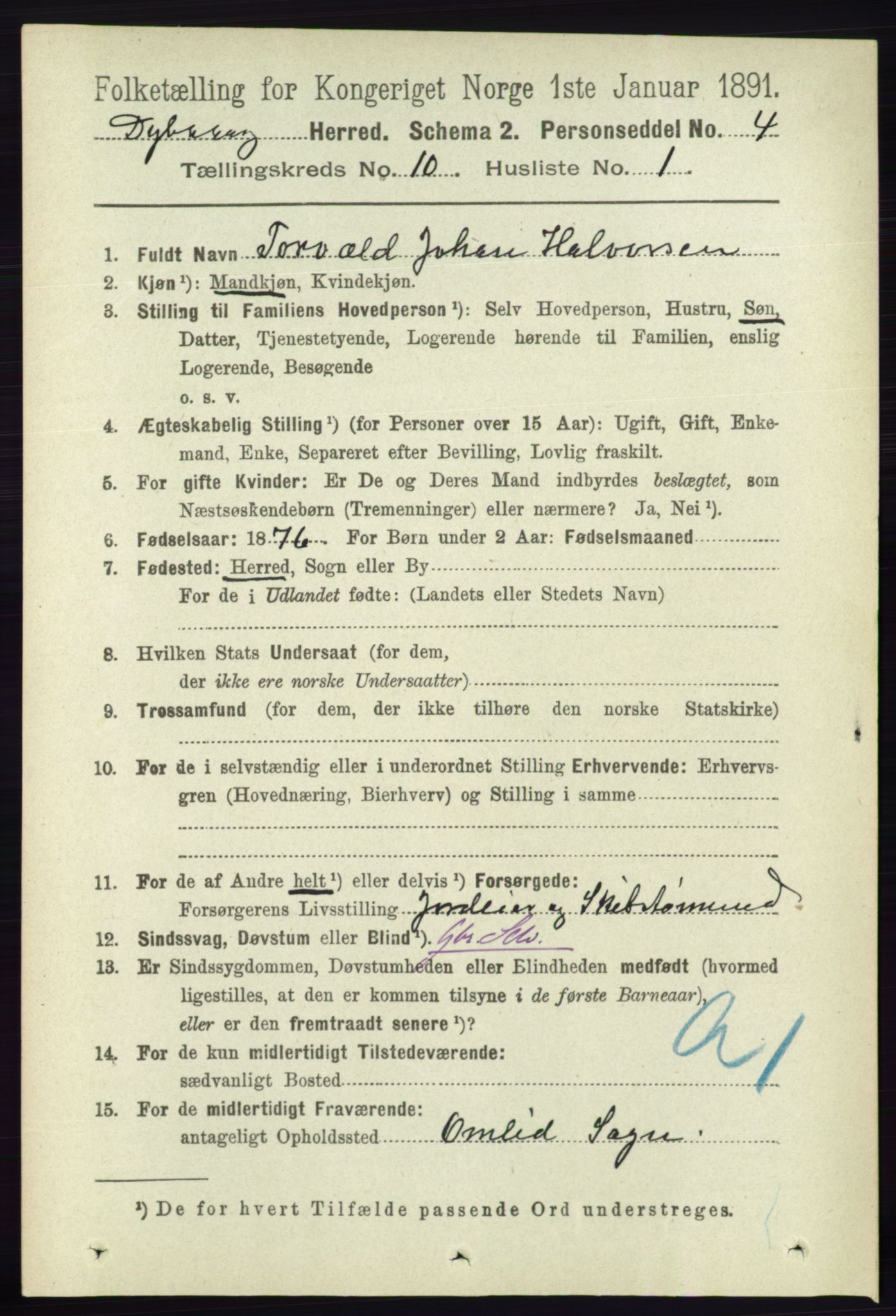 RA, 1891 census for 0915 Dypvåg, 1891, p. 3707