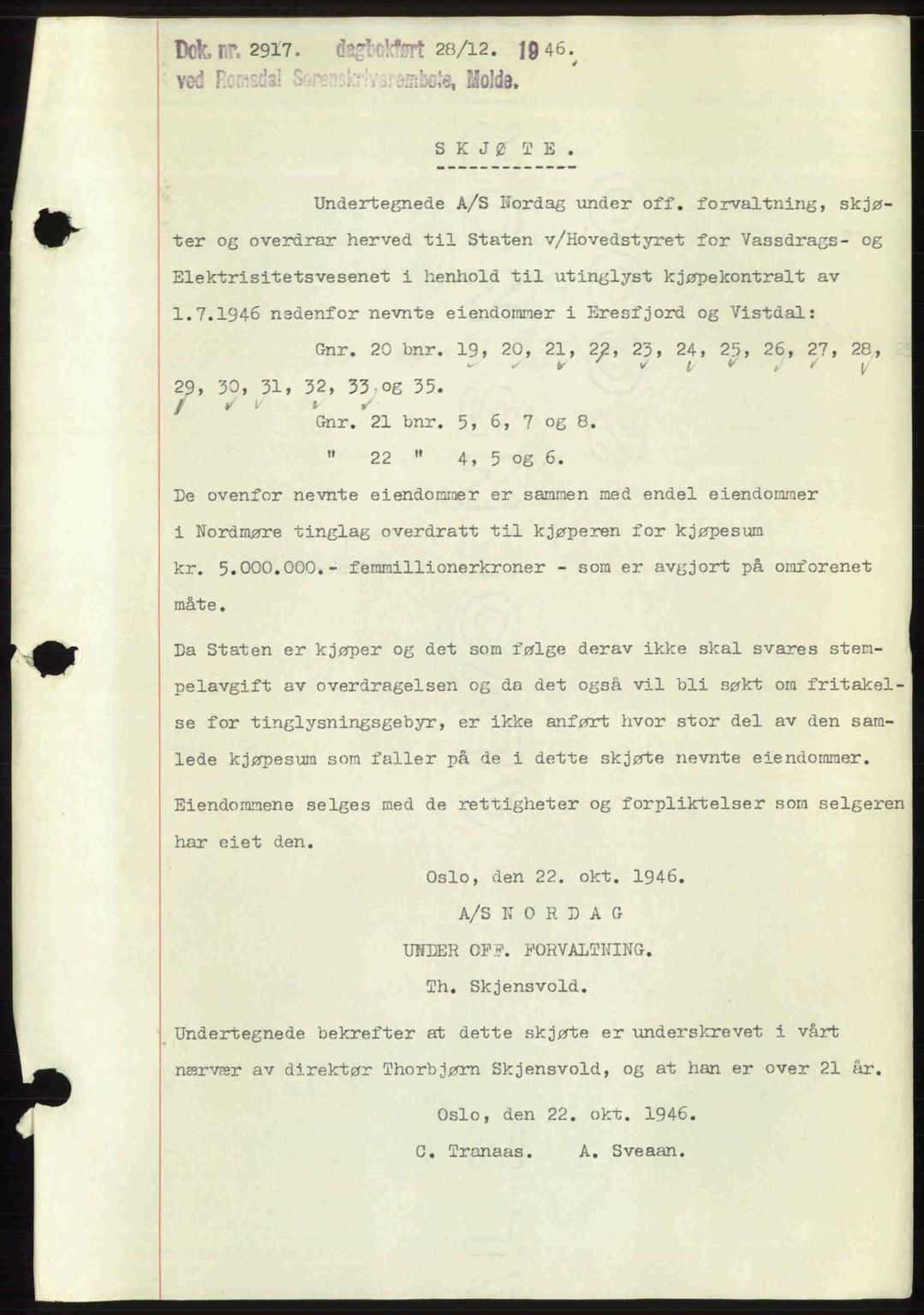 Romsdal sorenskriveri, AV/SAT-A-4149/1/2/2C: Mortgage book no. A21, 1946-1946, Diary no: : 2917/1946