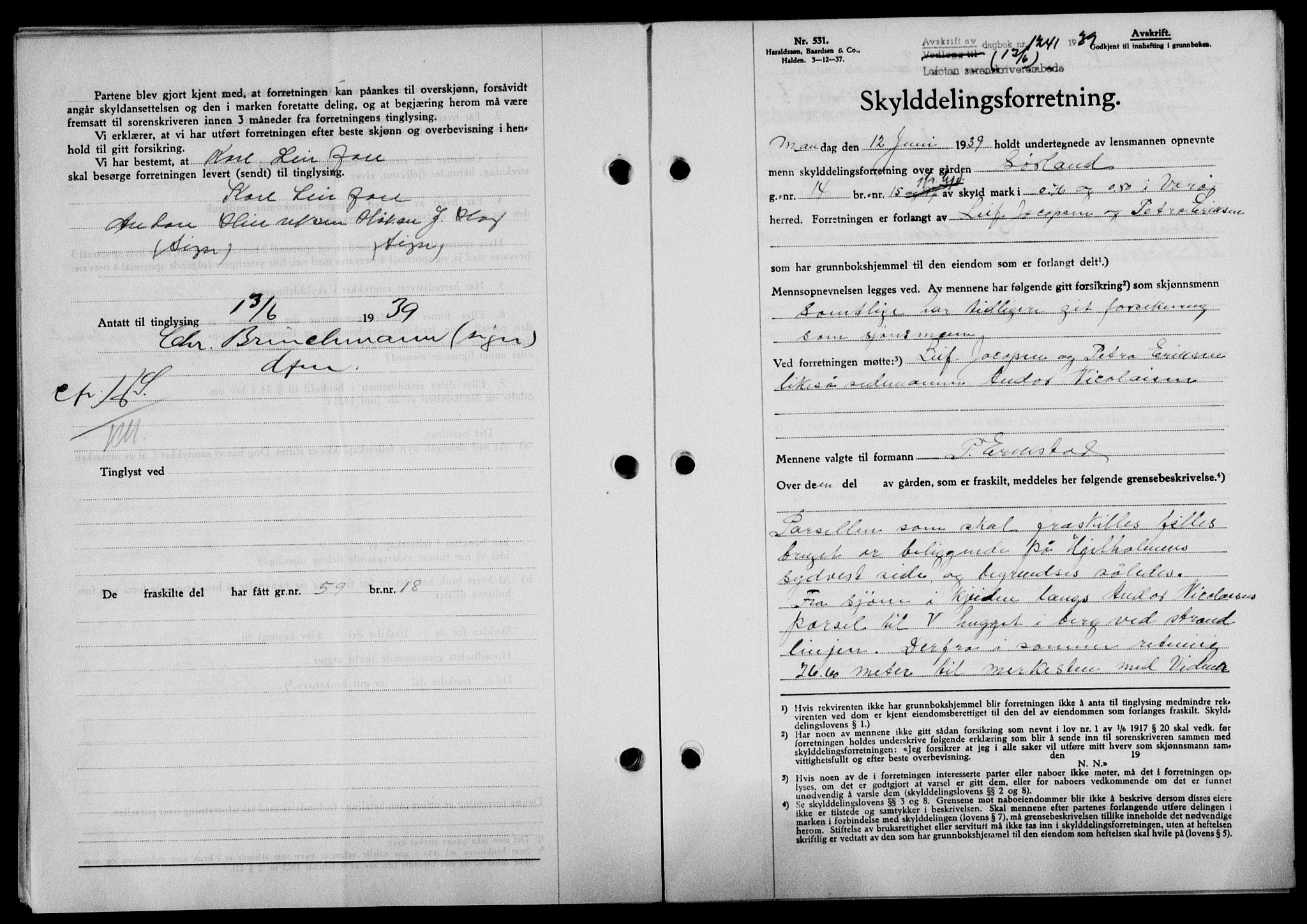 Lofoten sorenskriveri, SAT/A-0017/1/2/2C/L0005a: Mortgage book no. 5a, 1939-1939, Diary no: : 1241/1939