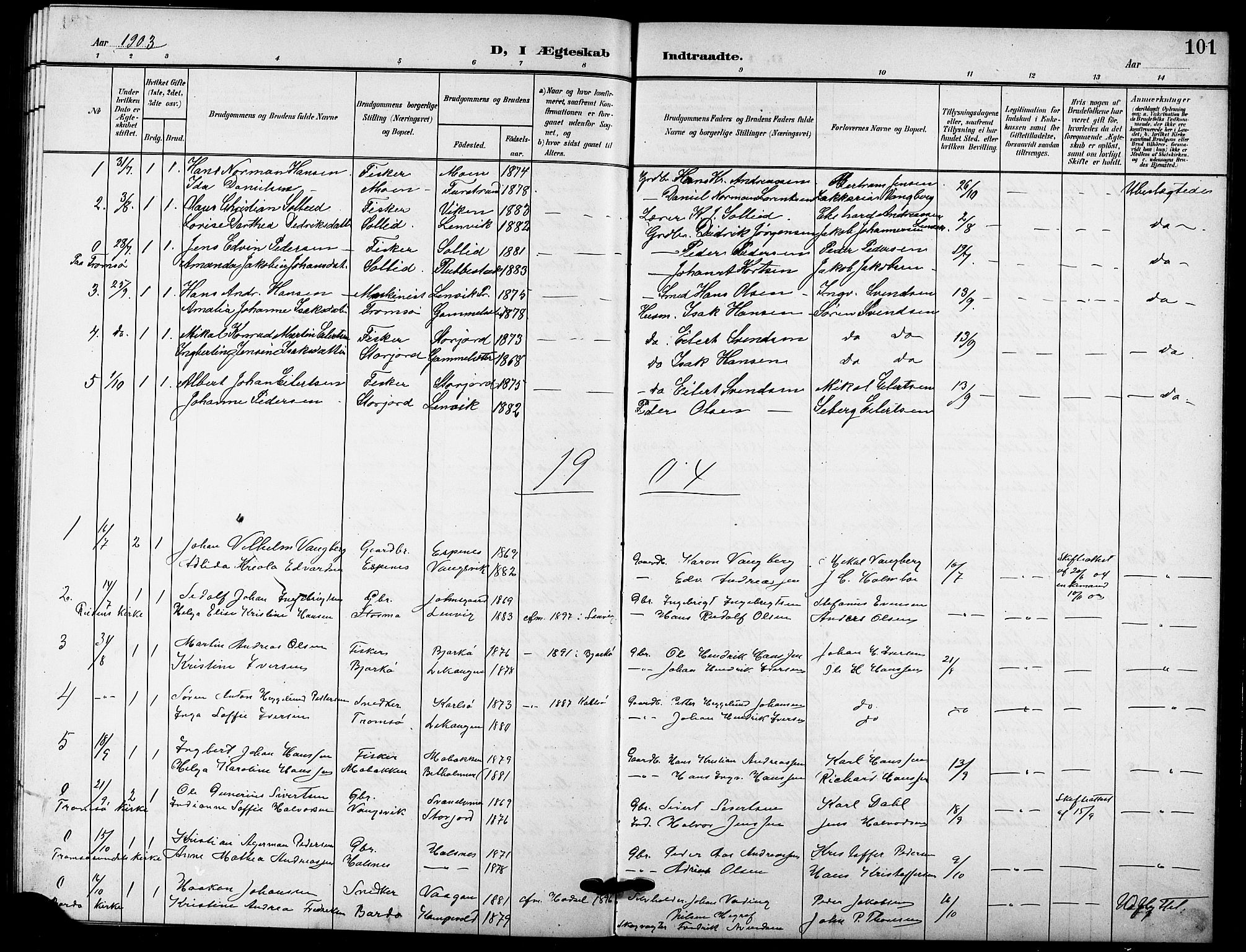 Tranøy sokneprestkontor, SATØ/S-1313/I/Ia/Iab/L0005klokker: Parish register (copy) no. 5, 1902-1919, p. 101
