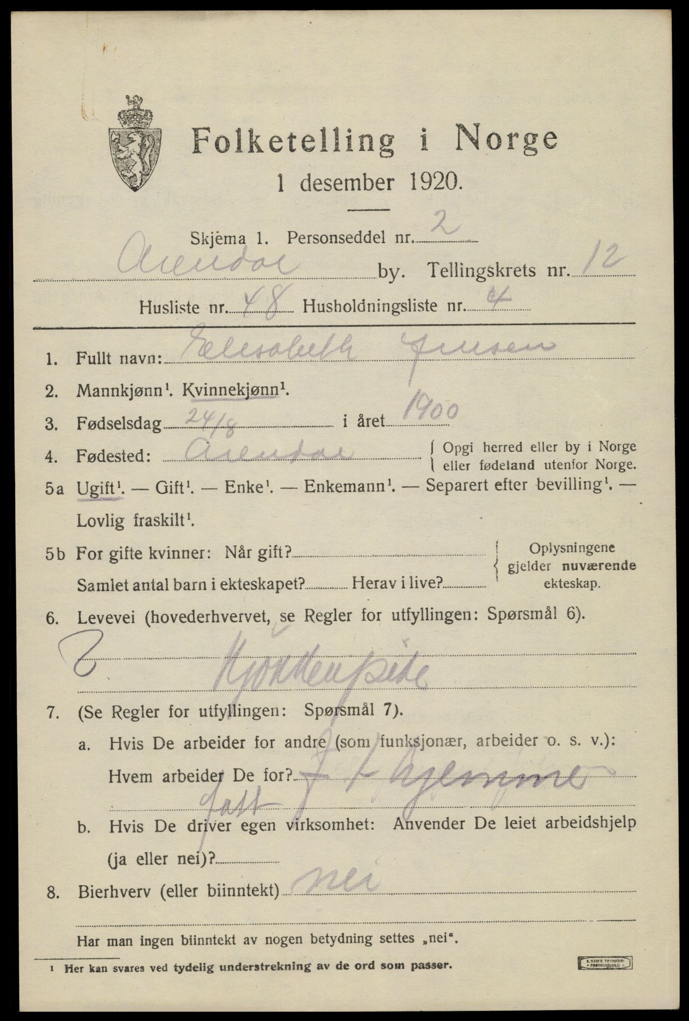 SAK, 1920 census for Arendal, 1920, p. 19856
