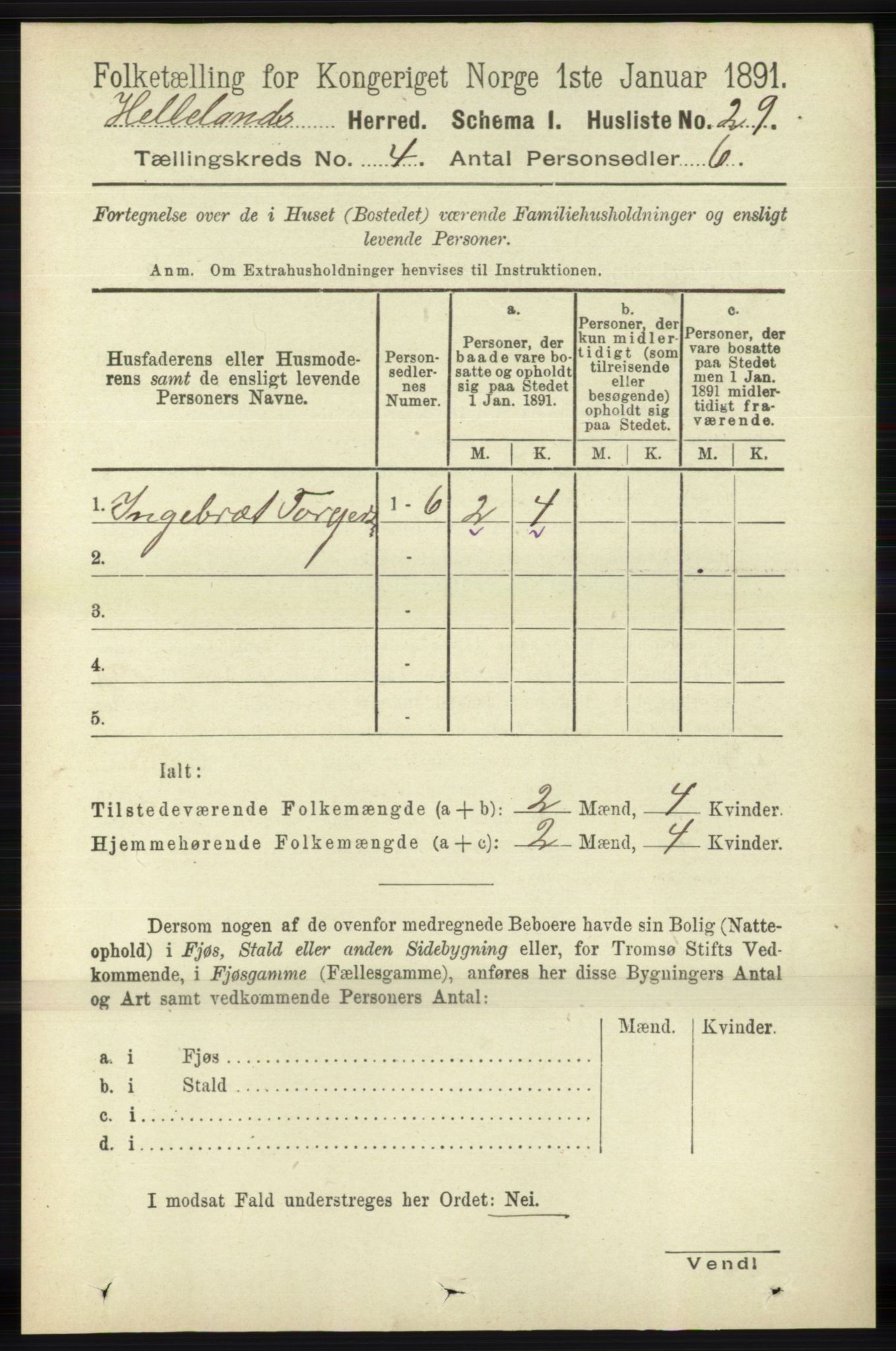 RA, 1891 census for 1115 Helleland, 1891, p. 1140