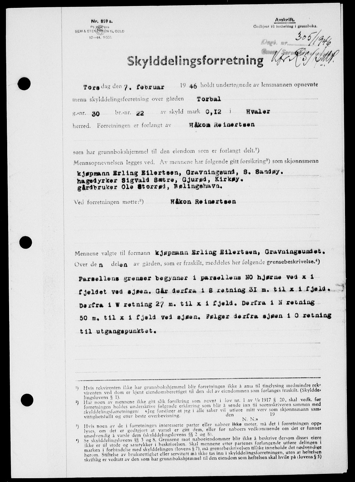 Onsøy sorenskriveri, SAO/A-10474/G/Ga/Gab/L0015: Mortgage book no. II A-15, 1945-1946, Diary no: : 305/1946