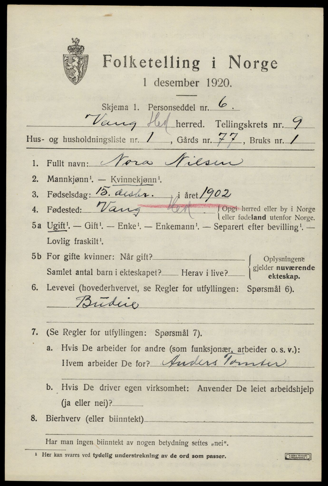 SAH, 1920 census for Vang (Hedmark), 1920, p. 18099