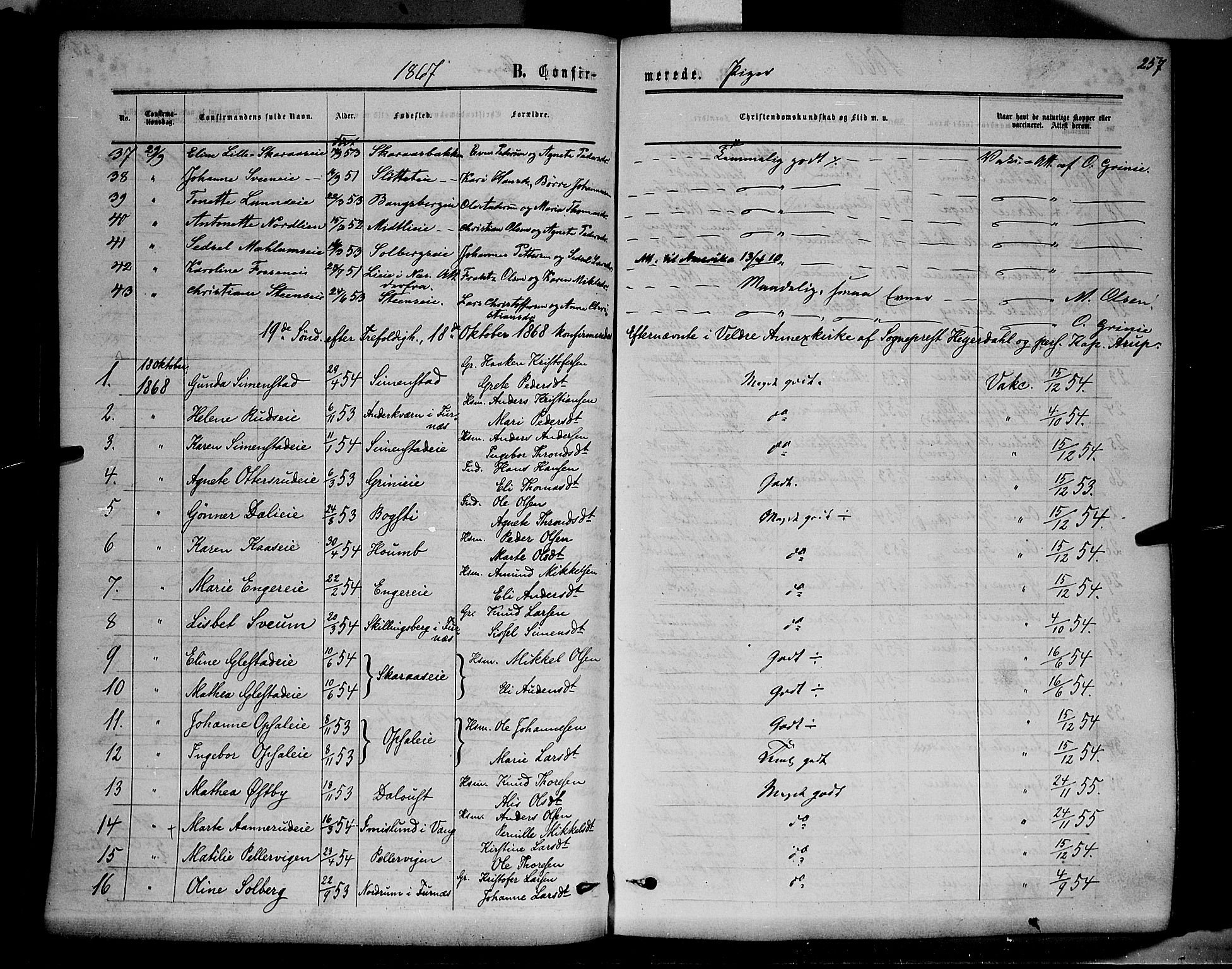 Ringsaker prestekontor, AV/SAH-PREST-014/K/Ka/L0010: Parish register (official) no. 10, 1861-1869, p. 257