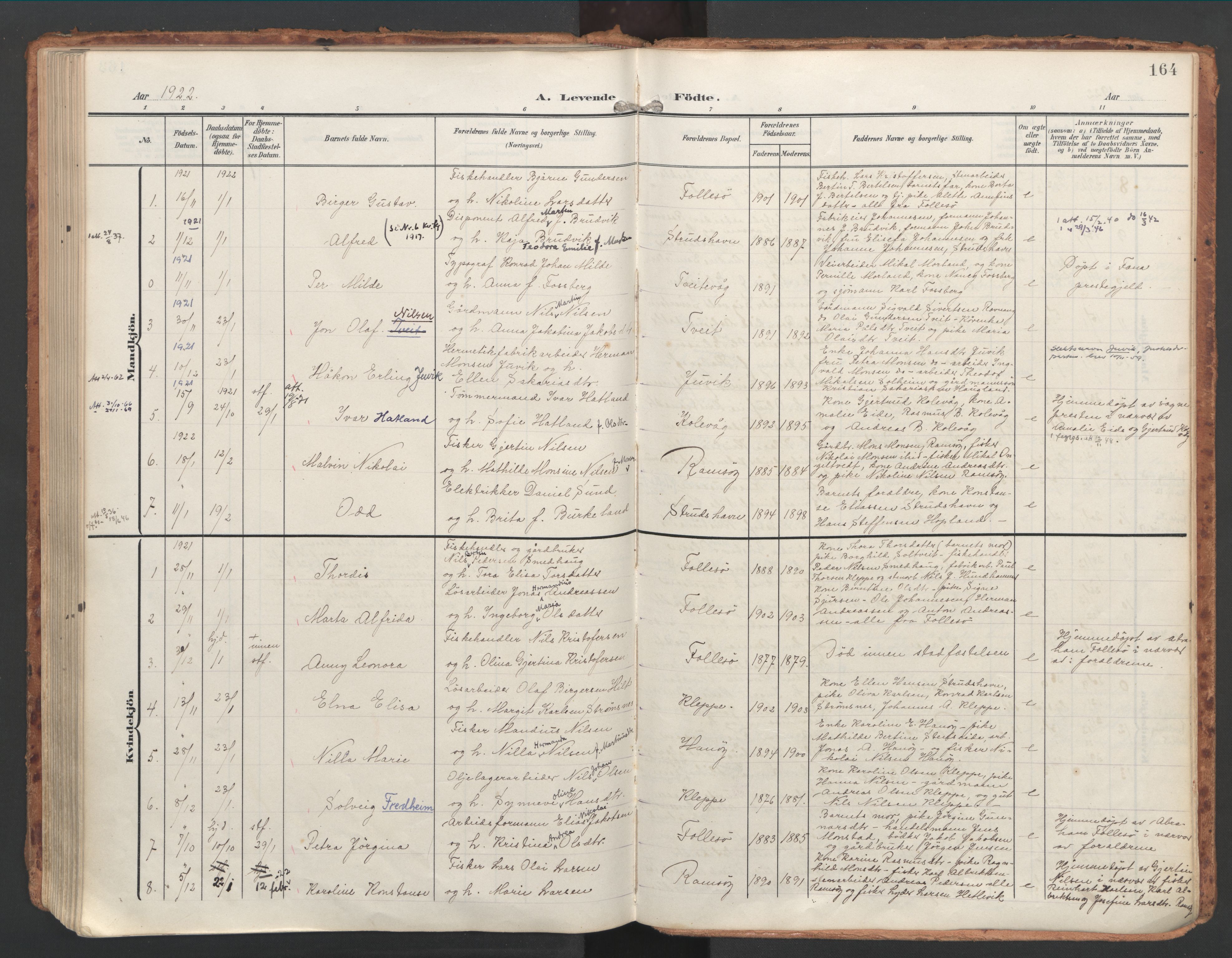 Askøy Sokneprestembete, AV/SAB-A-74101/H/Ha/Haa/Haac/L0002: Parish register (official) no. C 2, 1905-1922, p. 164