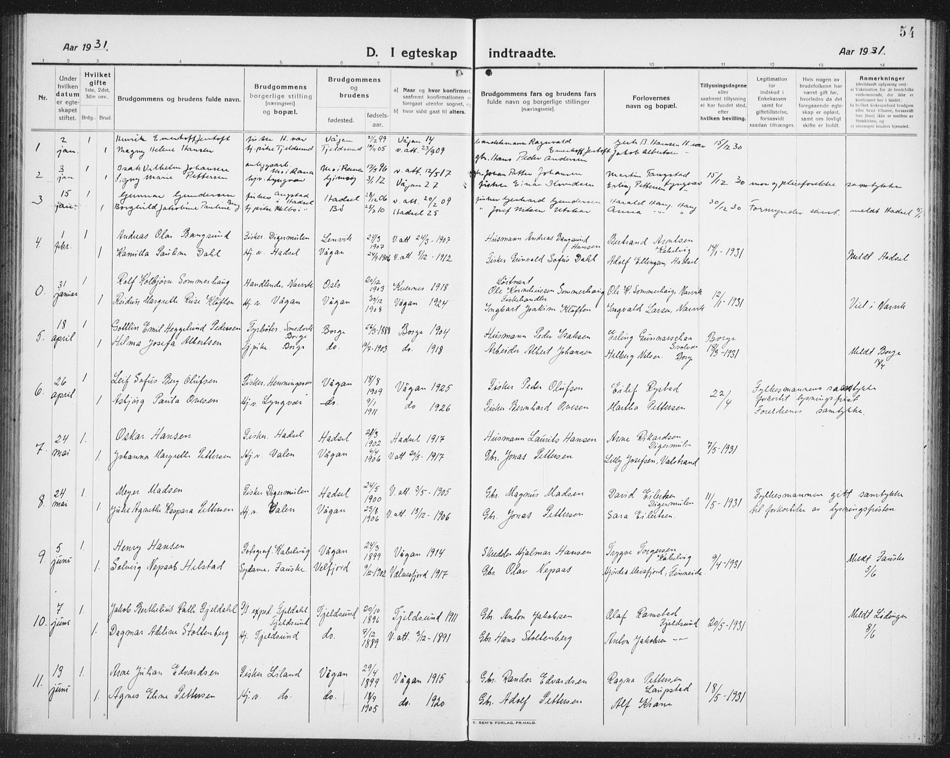 Ministerialprotokoller, klokkerbøker og fødselsregistre - Nordland, SAT/A-1459/874/L1082: Parish register (copy) no. 874C11, 1920-1939, p. 54