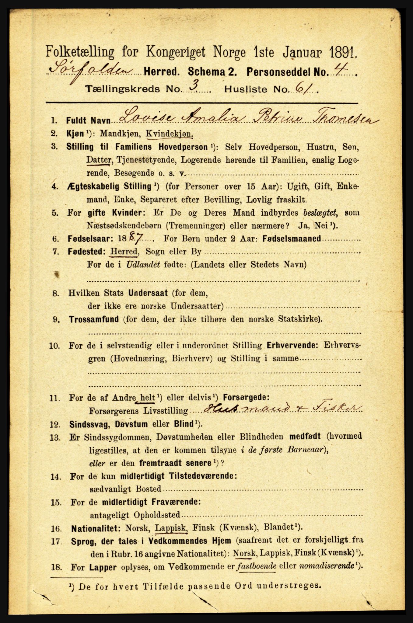 RA, 1891 census for 1845 Sørfold, 1891, p. 889