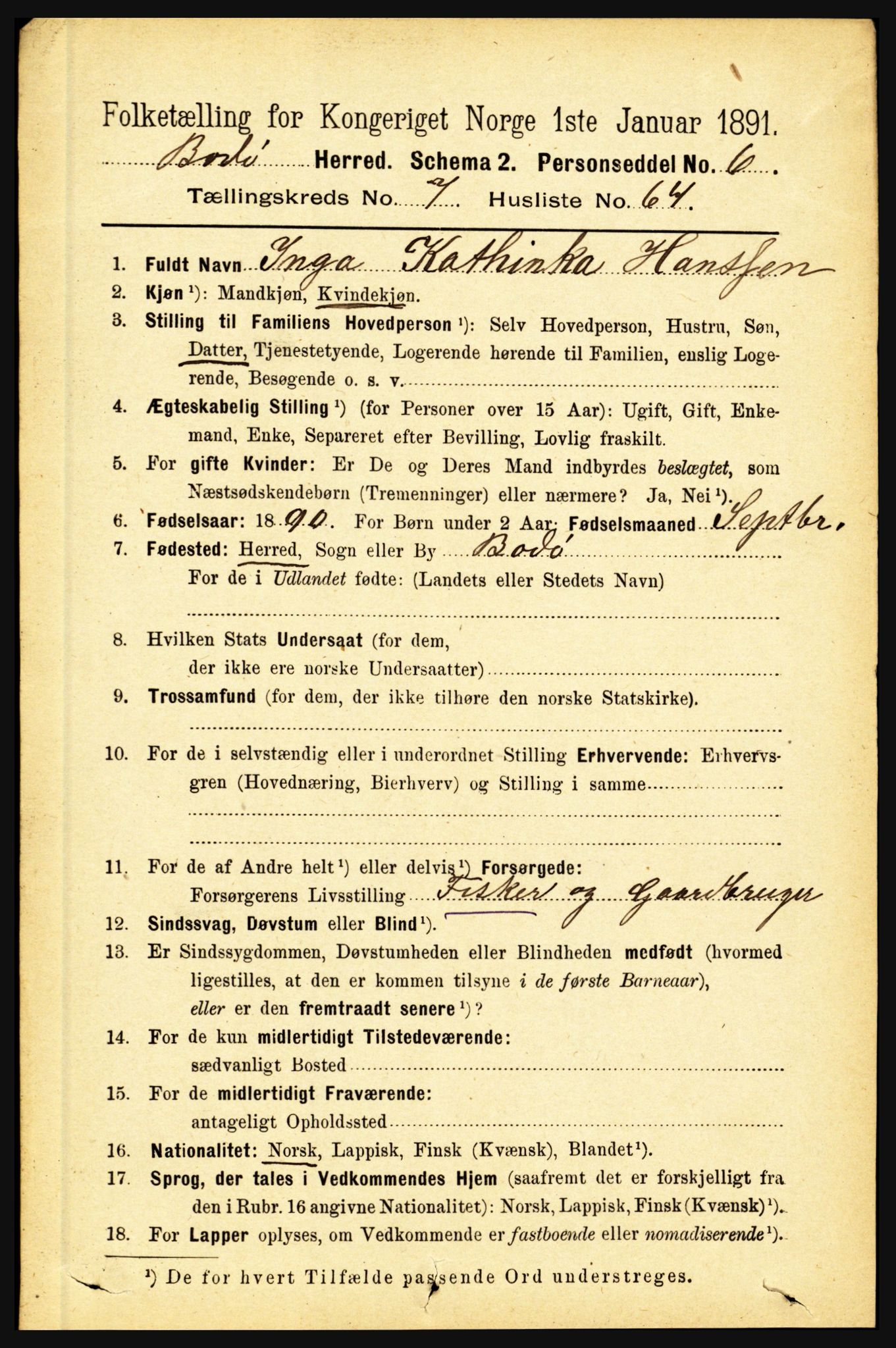 RA, 1891 census for 1843 Bodø, 1891, p. 5085