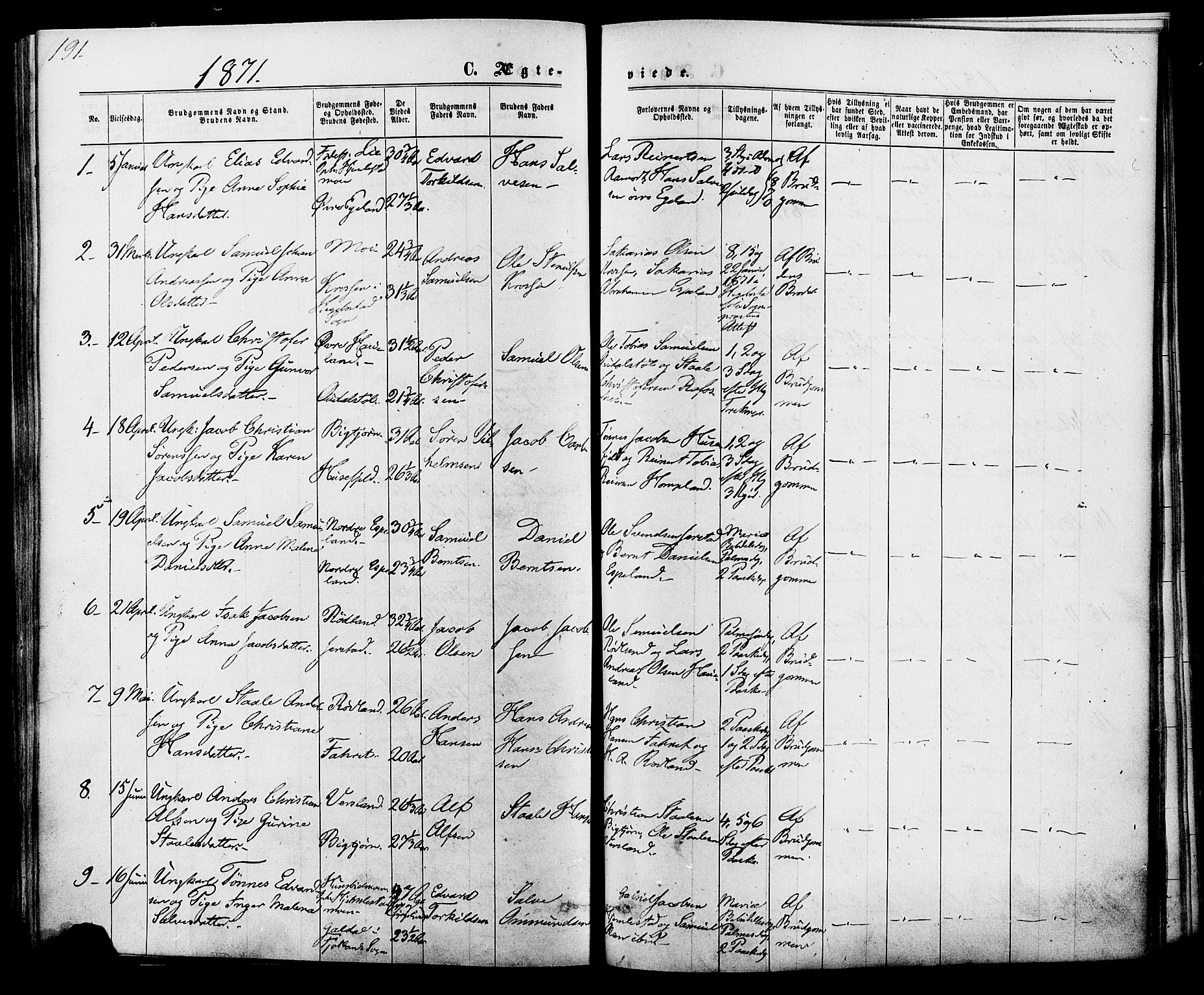 Kvinesdal sokneprestkontor, SAK/1111-0026/F/Fa/Fab/L0007: Parish register (official) no. A 7, 1870-1885, p. 191