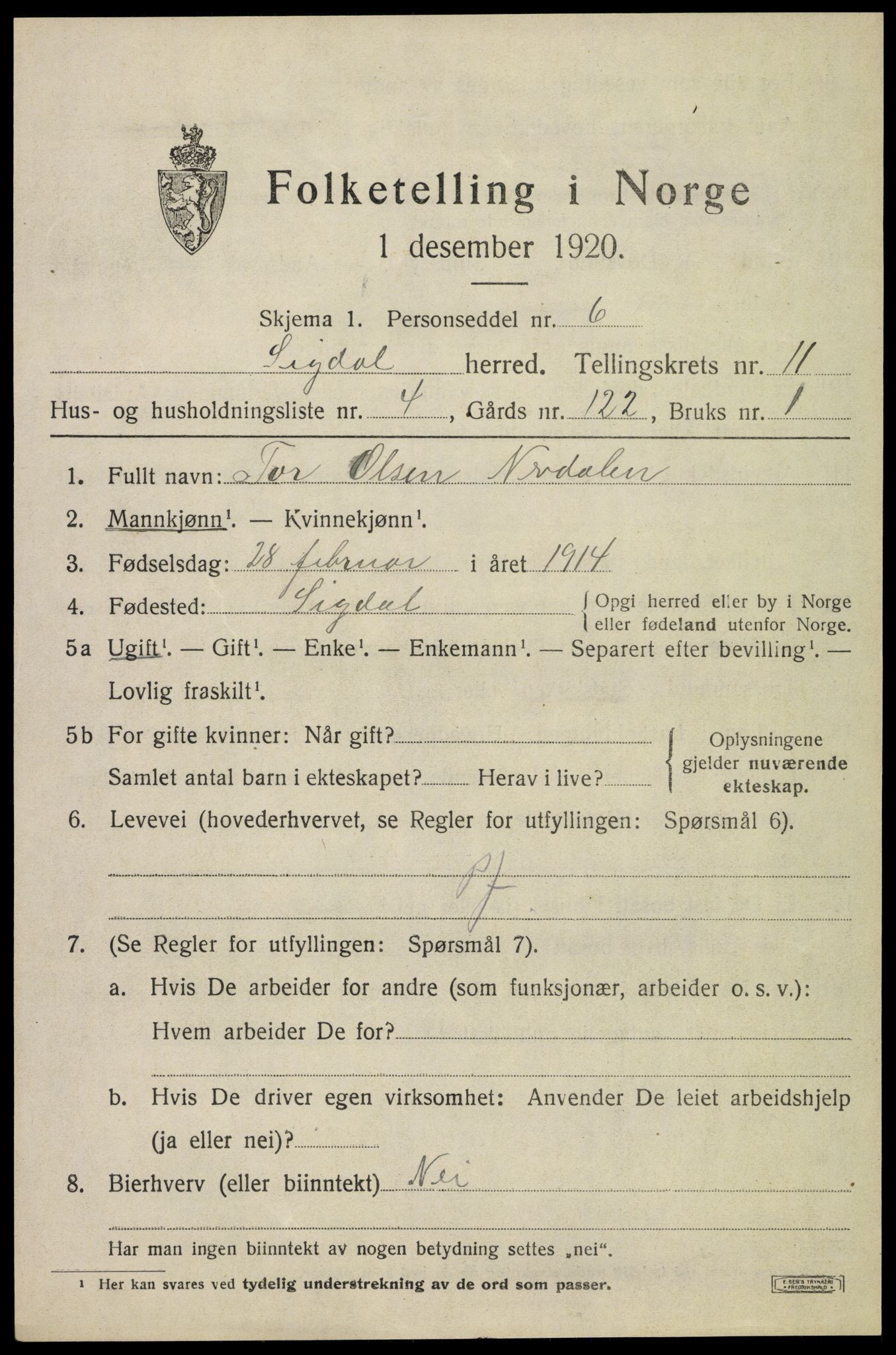 SAKO, 1920 census for Sigdal, 1920, p. 7624