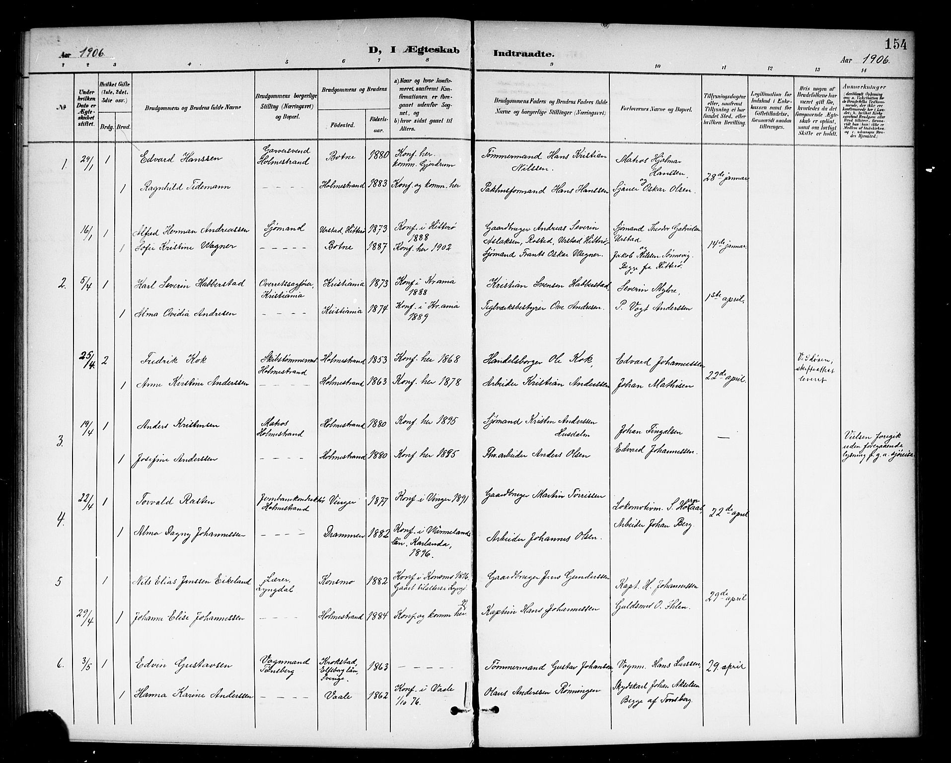 Holmestrand kirkebøker, AV/SAKO-A-346/G/Ga/L0006: Parish register (copy) no. 6, 1901-1923, p. 154