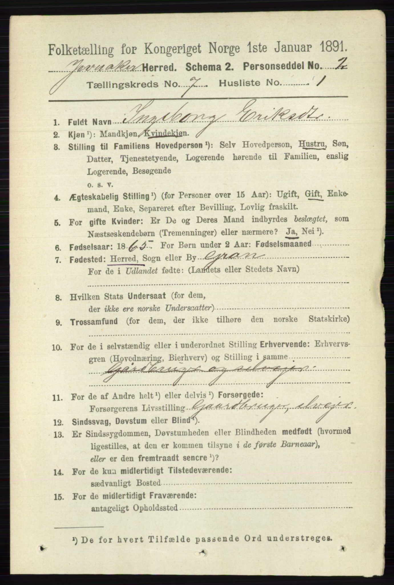 RA, 1891 census for 0532 Jevnaker, 1891, p. 3736