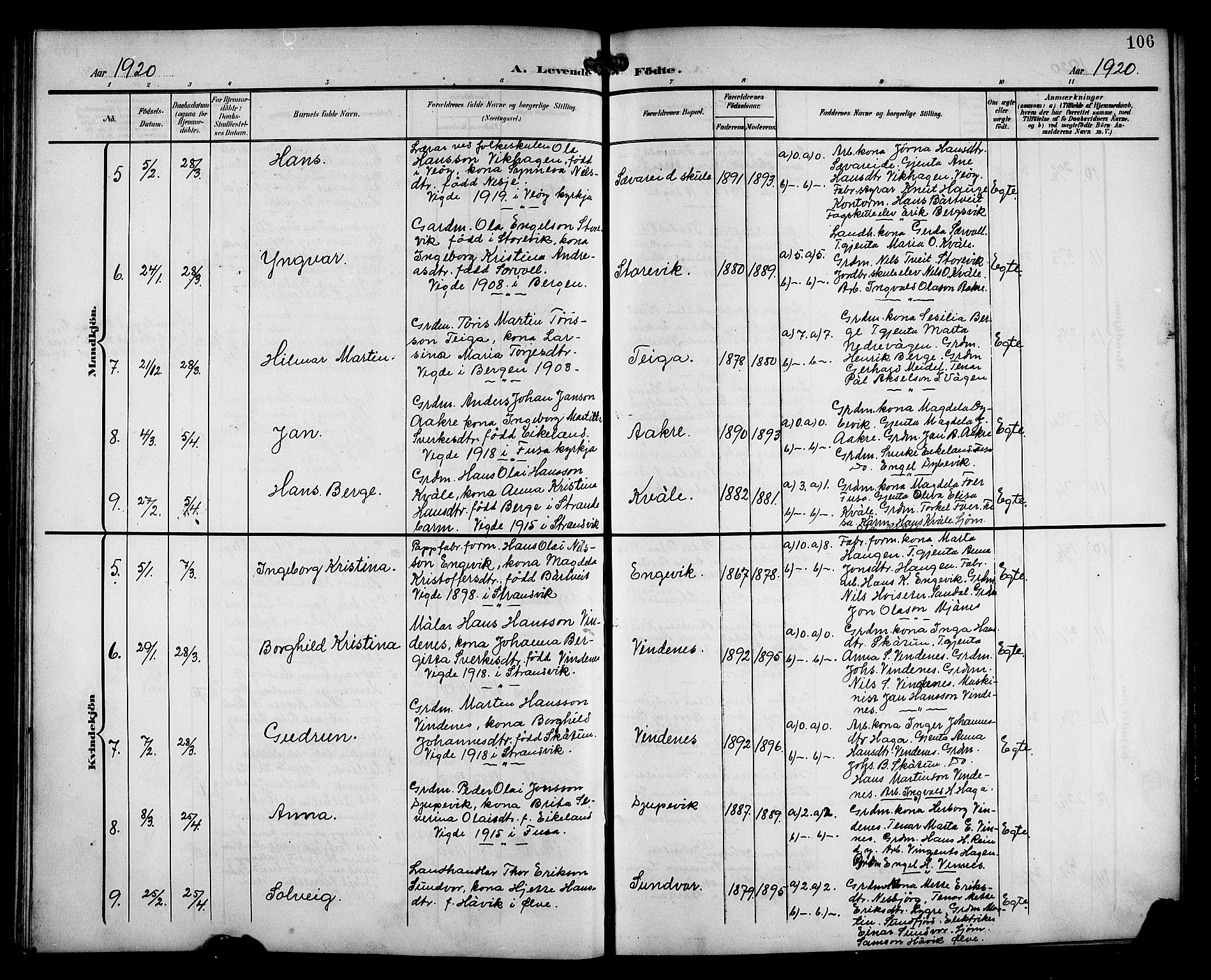 Fusa sokneprestembete, AV/SAB-A-75401/H/Hab: Parish register (copy) no. C 3, 1903-1920, p. 106