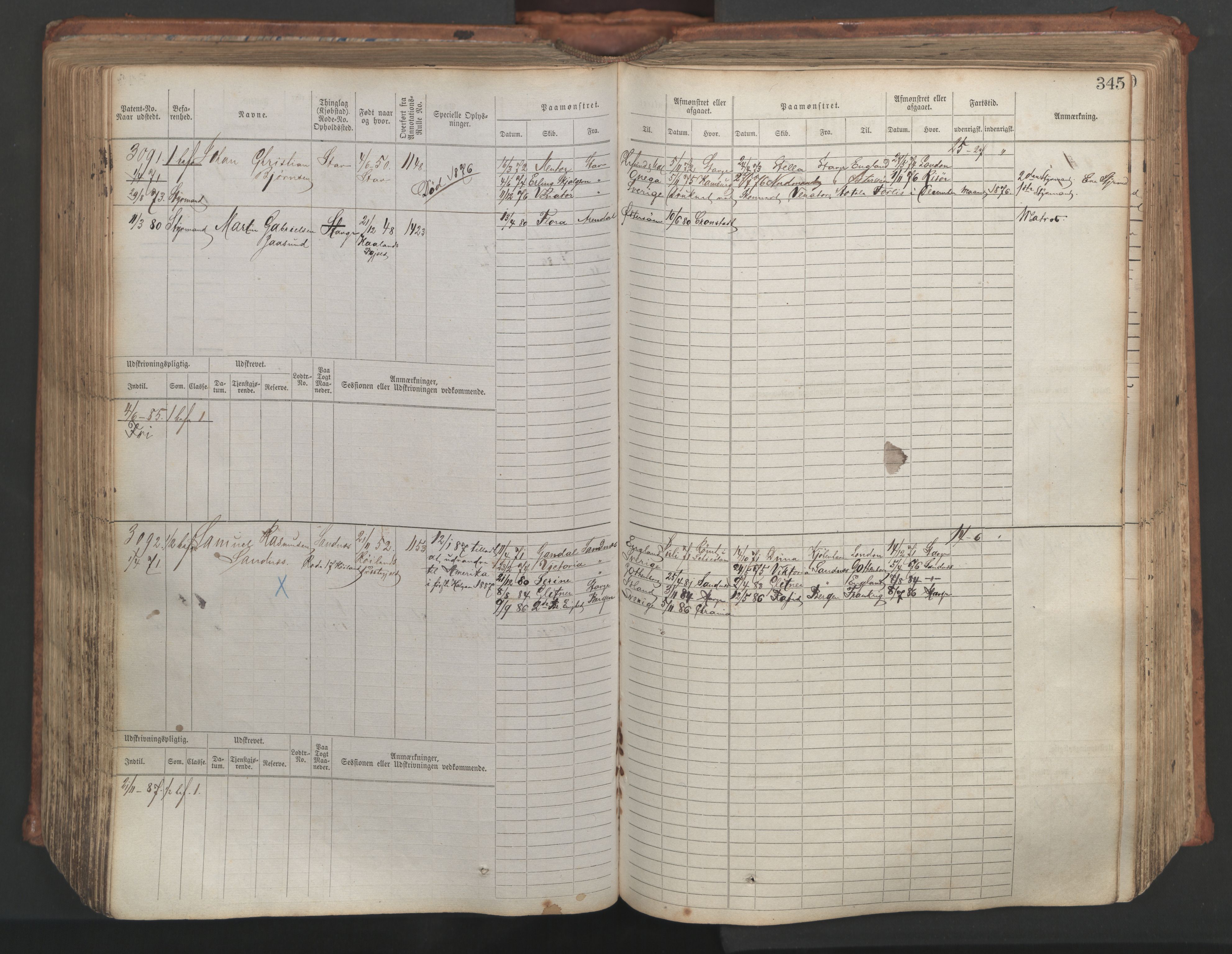 Stavanger sjømannskontor, AV/SAST-A-102006/F/Fb/Fbb/L0007: Sjøfartshovedrulle, patentnr. 2403-3604, 1869-1880, p. 388