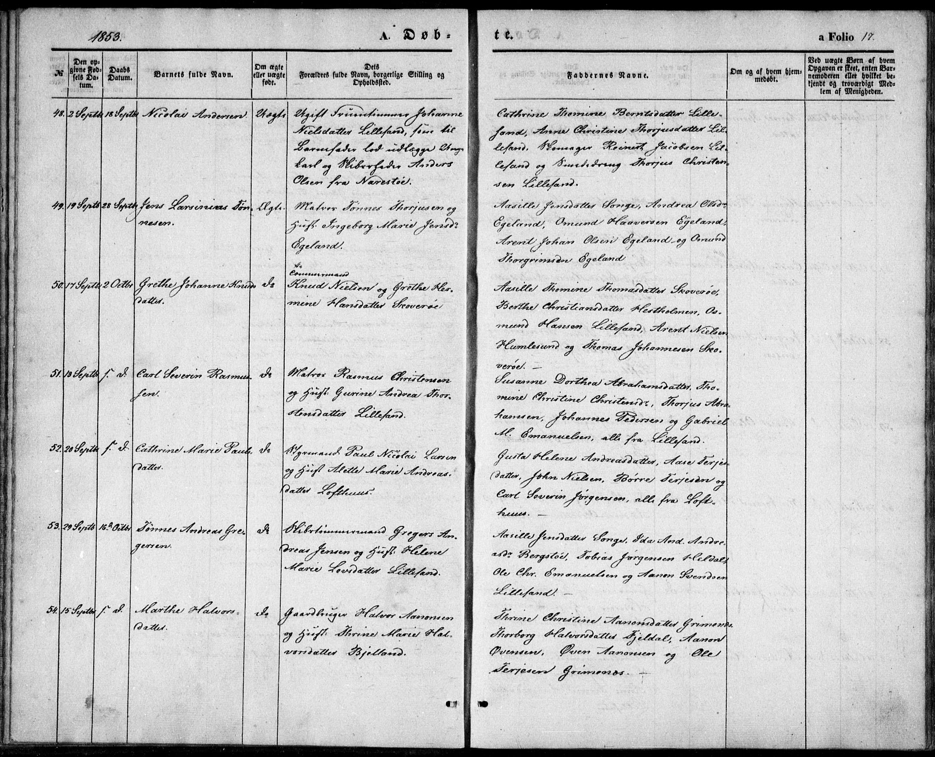 Vestre Moland sokneprestkontor, SAK/1111-0046/F/Fb/Fbb/L0003: Parish register (copy) no. B 3, 1851-1861, p. 17