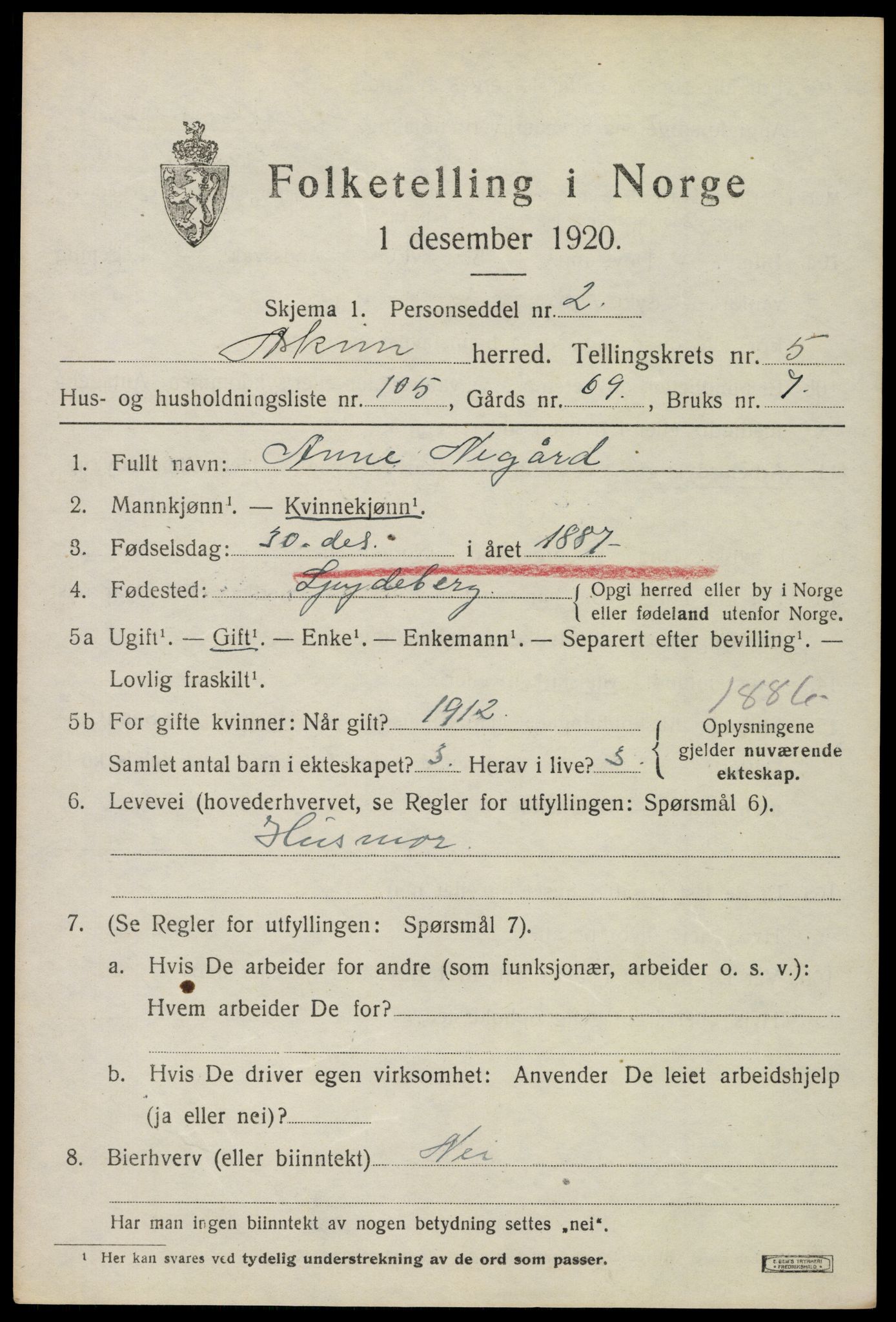 SAO, 1920 census for Askim, 1920, p. 10931