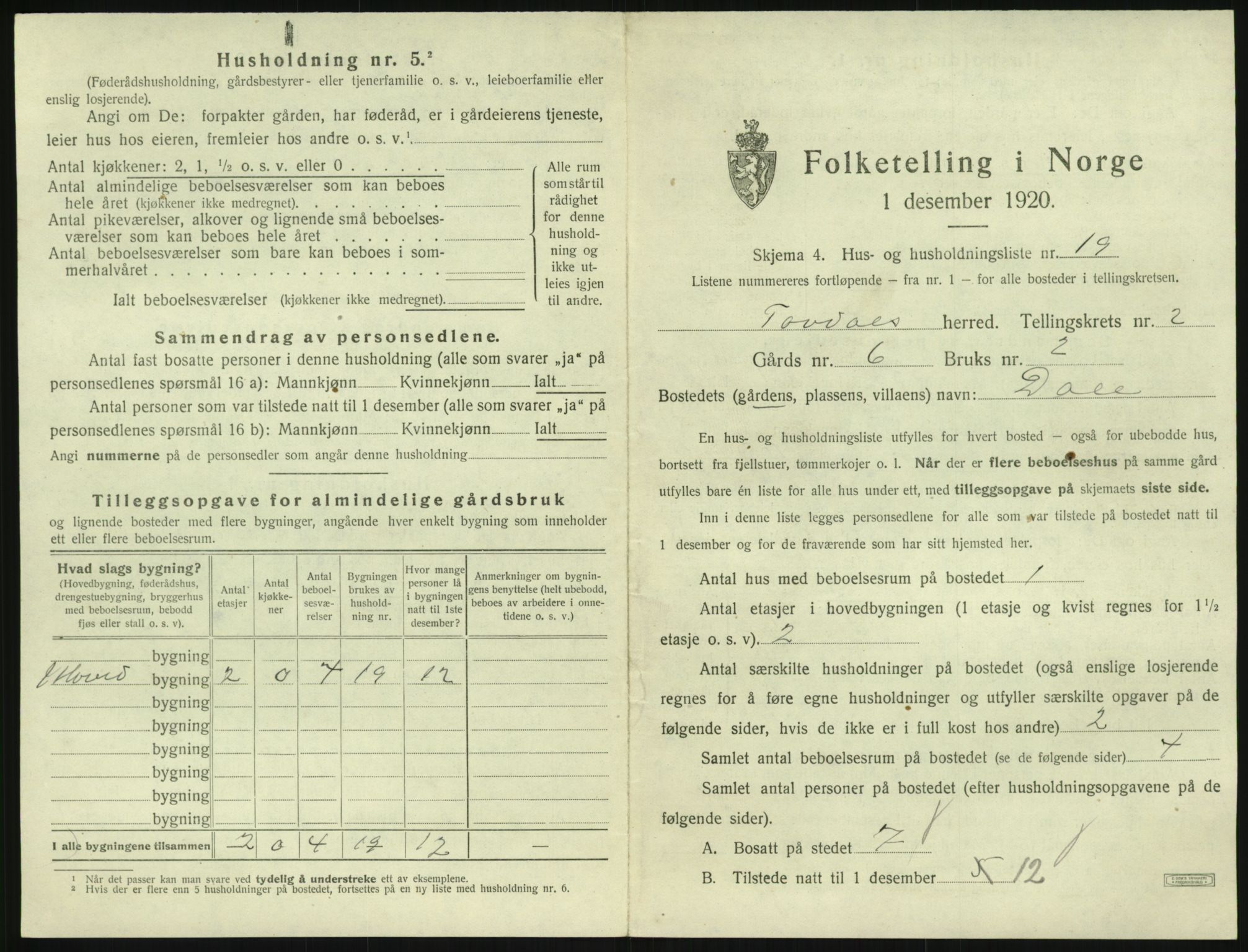 SAK, 1920 census for Tovdal, 1920, p. 77