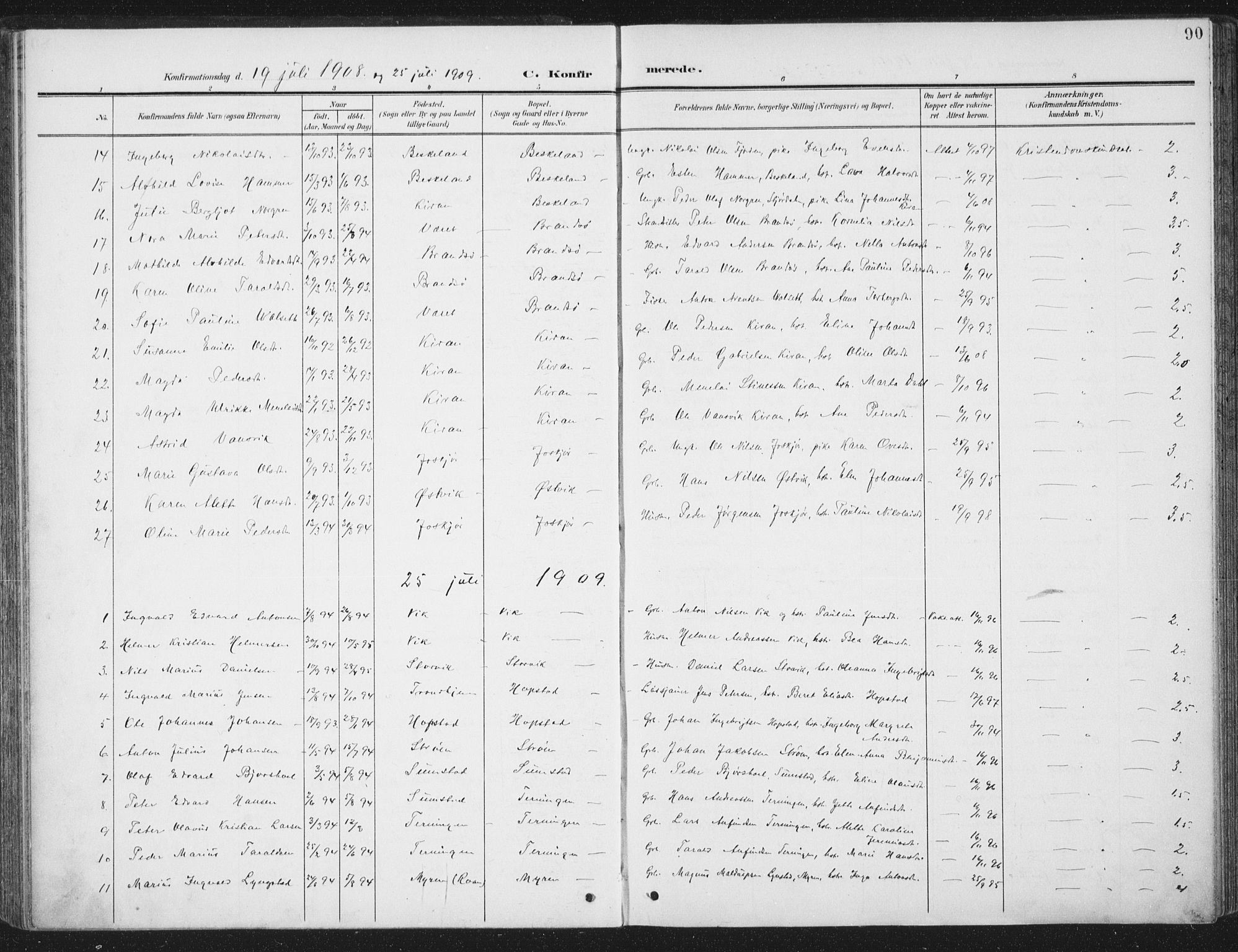 Ministerialprotokoller, klokkerbøker og fødselsregistre - Sør-Trøndelag, SAT/A-1456/657/L0709: Parish register (official) no. 657A10, 1905-1919, p. 90