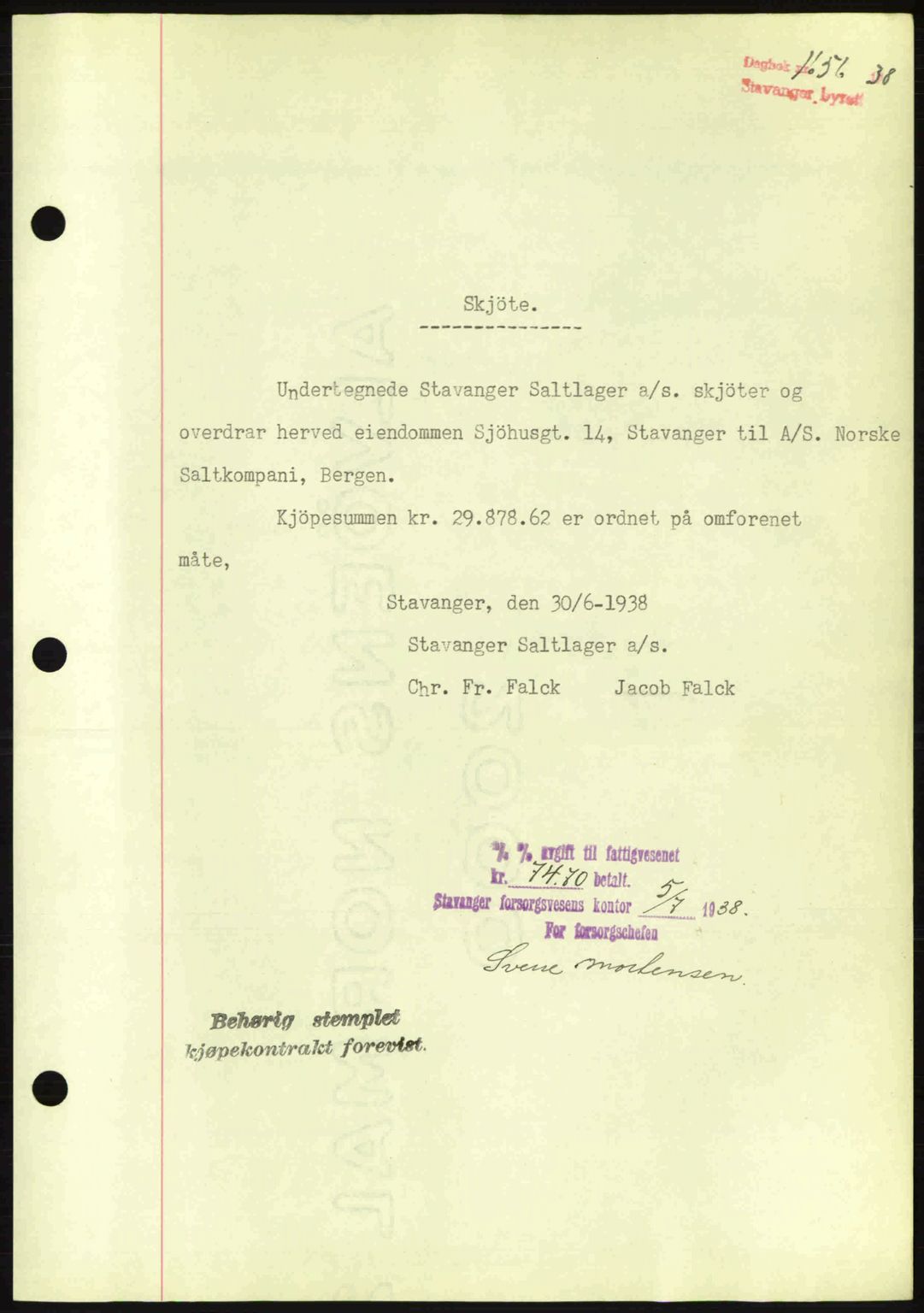 Stavanger byrett, SAST/A-100455/002/G/Gb/L0013: Mortgage book no. A3, 1937-1938, Diary no: : 1656/1938
