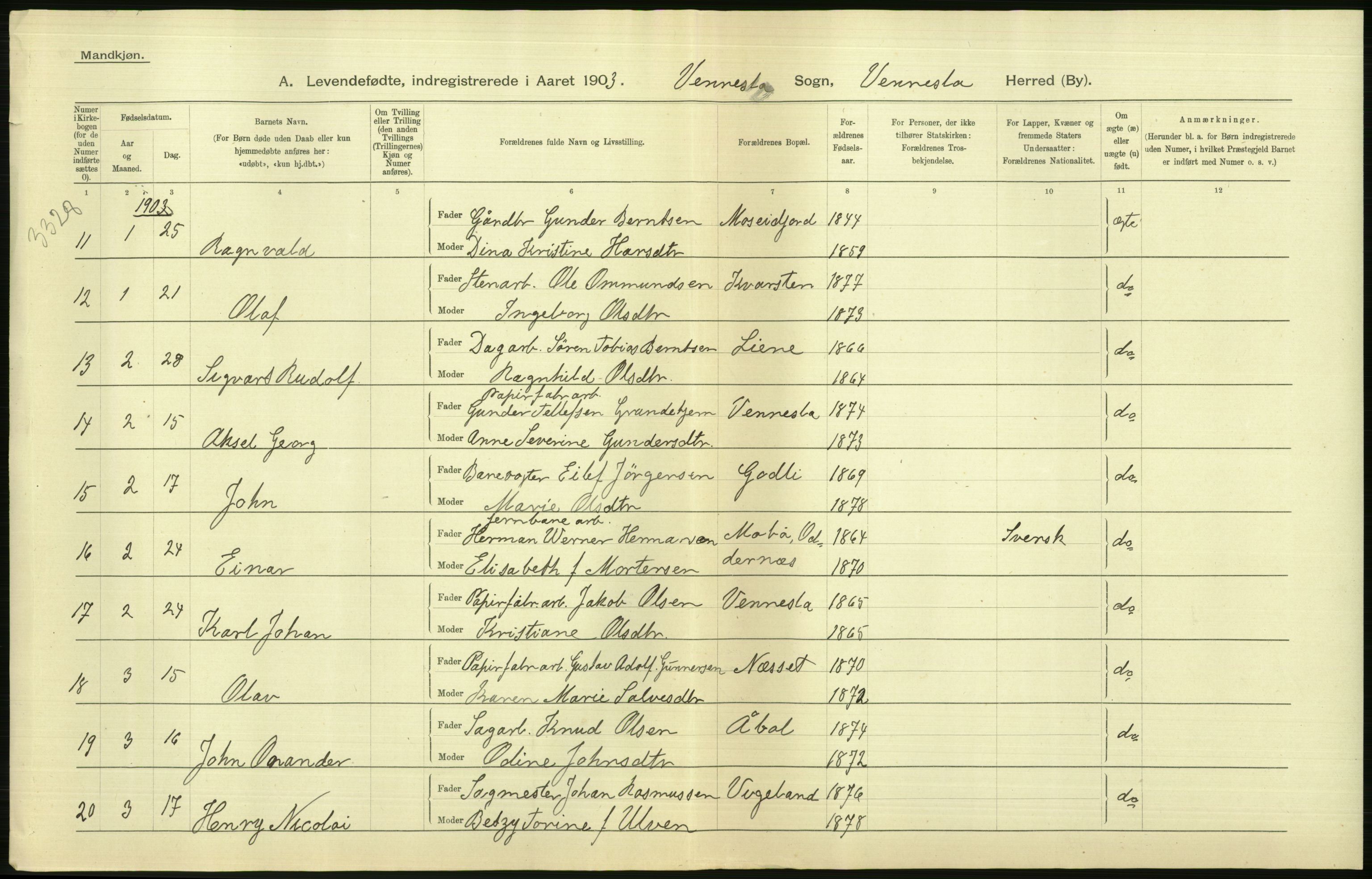 Statistisk sentralbyrå, Sosiodemografiske emner, Befolkning, AV/RA-S-2228/D/Df/Dfa/Dfaa/L0011: Lister og Mandal amt: Fødte, gifte, døde, 1903, p. 176