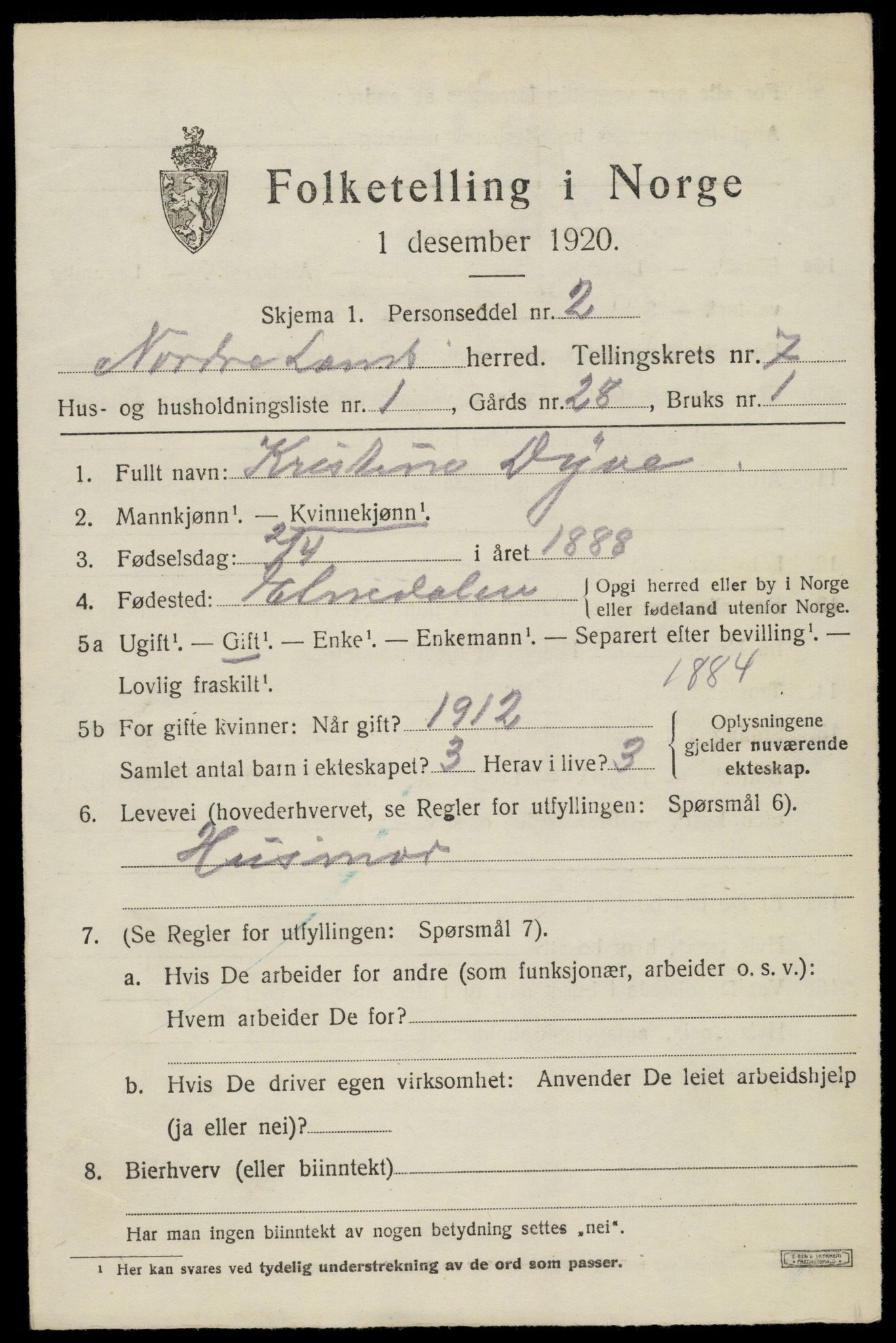 SAH, 1920 census for Nordre Land, 1920, p. 4506