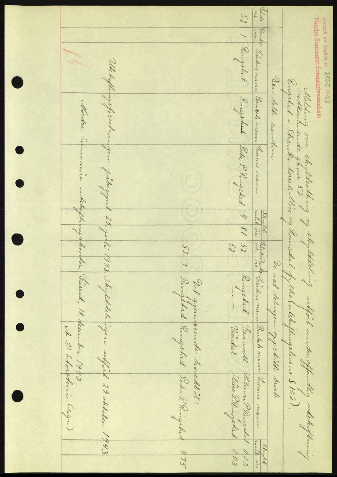 Nordre Sunnmøre sorenskriveri, AV/SAT-A-0006/1/2/2C/2Ca: Mortgage book no. A17, 1943-1944, Diary no: : 1650/1943