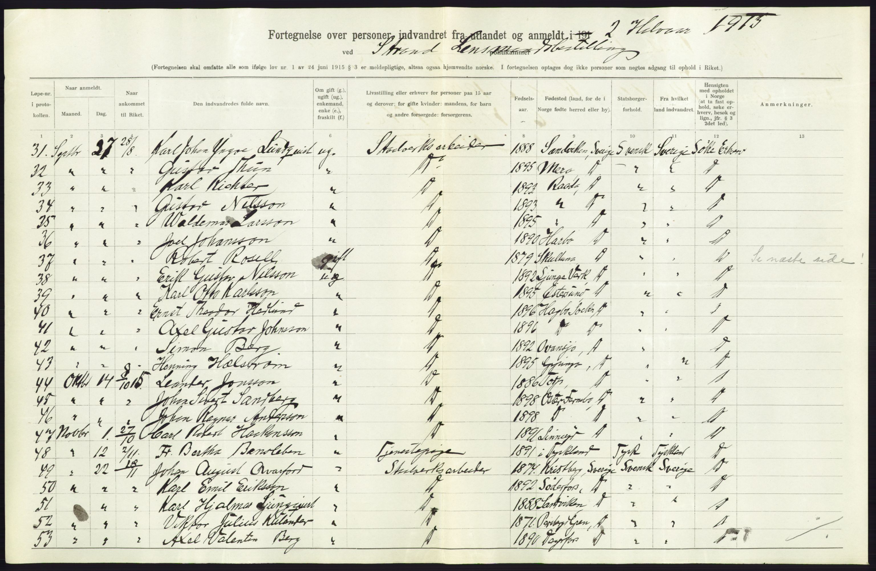 Statistisk sentralbyrå, Sosioøkonomiske emner, Folketellinger, boliger og boforhold, AV/RA-S-2231/F/Fa/L0001: Innvandring. Navn/fylkesvis, 1915, p. 390