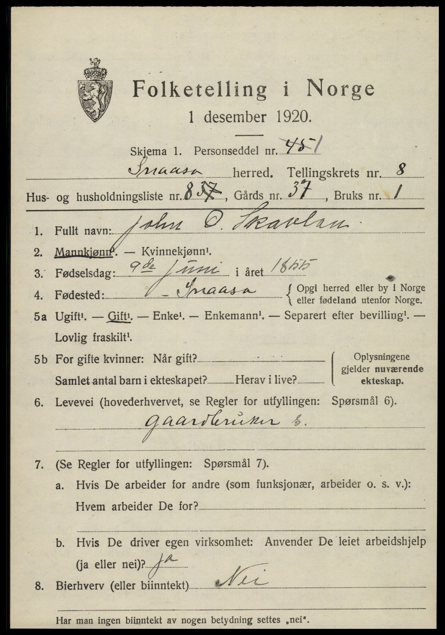 SAT, 1920 census for Snåsa, 1920, p. 3256