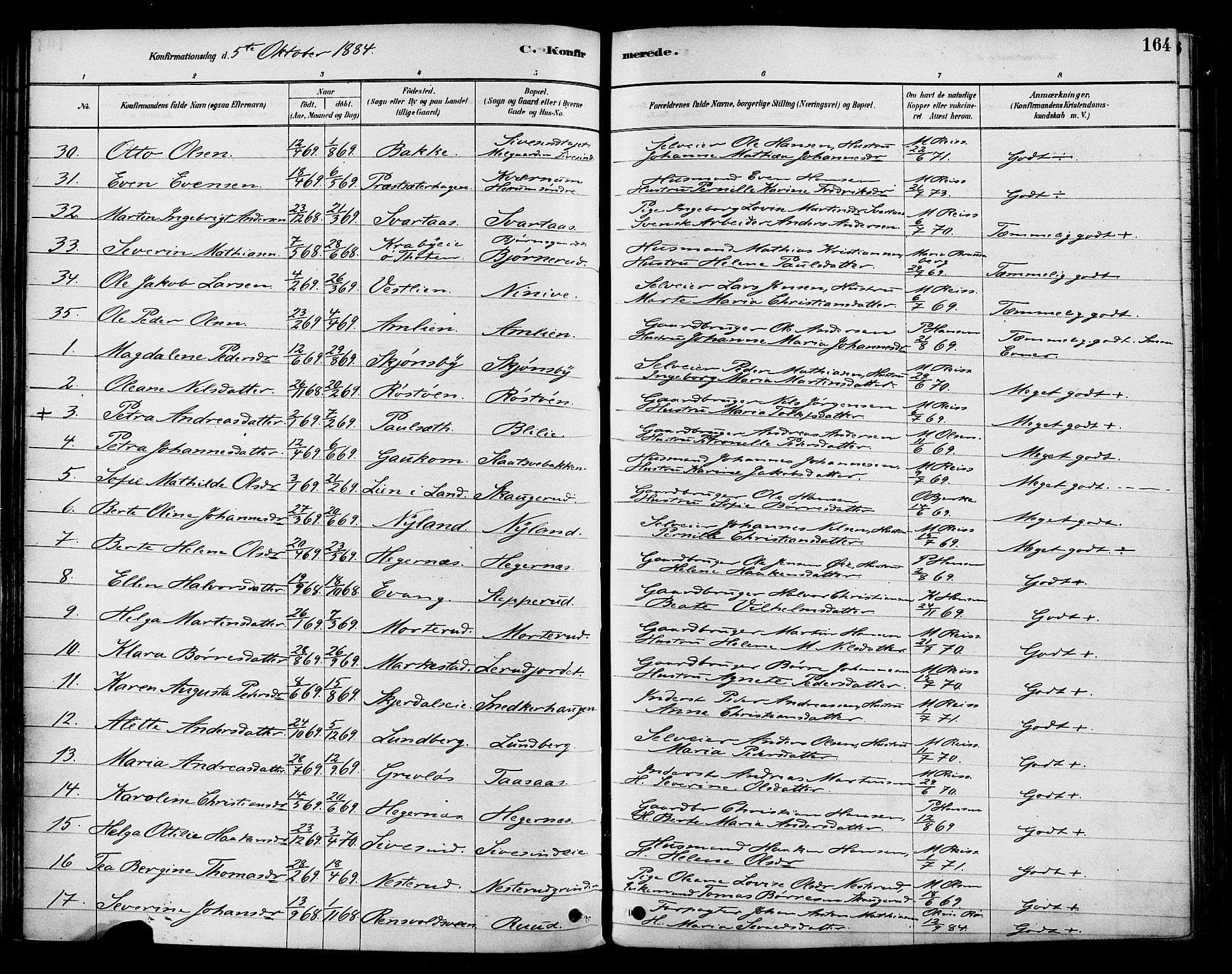 Vestre Toten prestekontor, AV/SAH-PREST-108/H/Ha/Haa/L0009: Parish register (official) no. 9, 1878-1894, p. 164