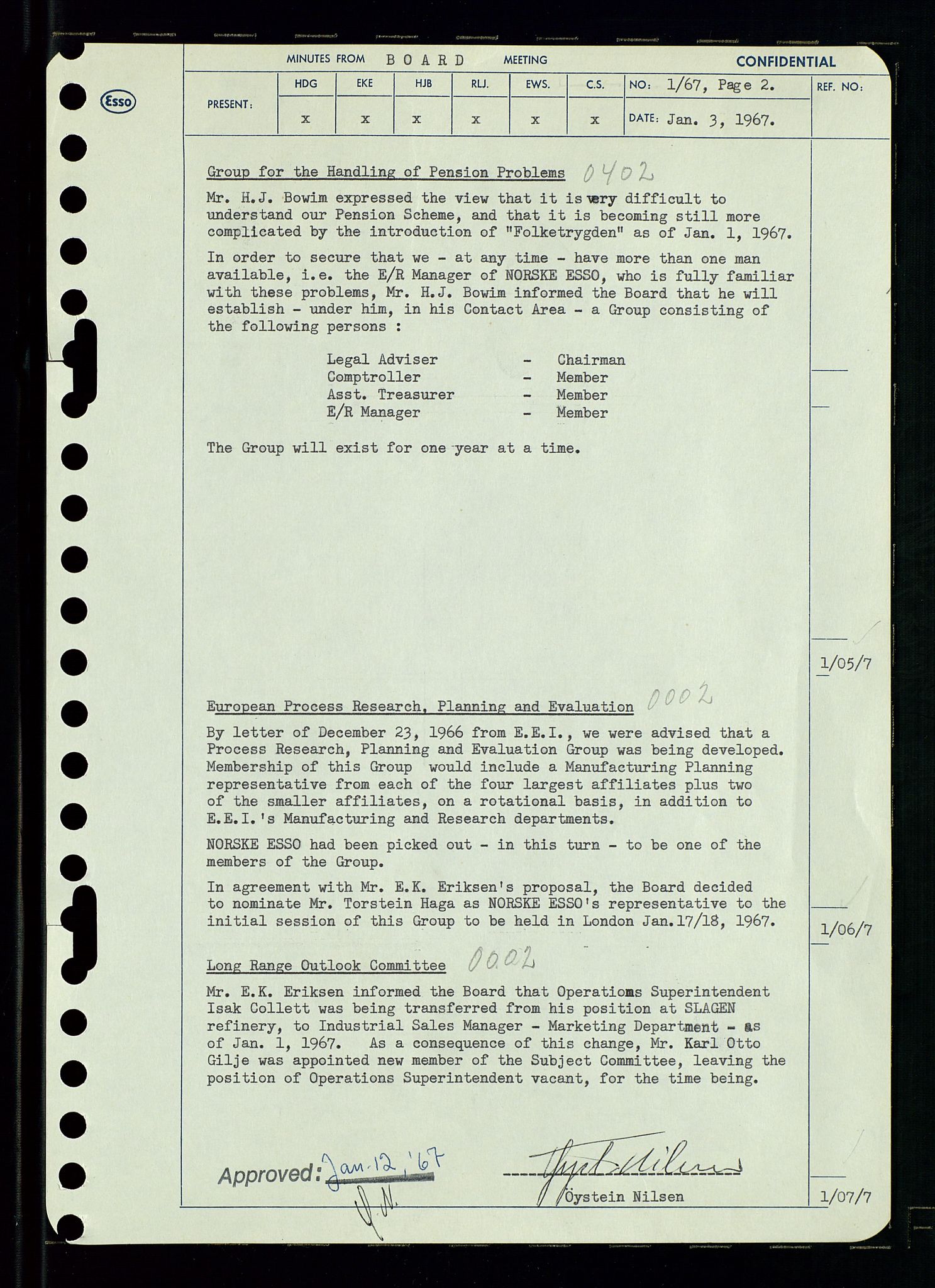 Pa 0982 - Esso Norge A/S, AV/SAST-A-100448/A/Aa/L0002/0003: Den administrerende direksjon Board minutes (styrereferater) / Den administrerende direksjon Board minutes (styrereferater), 1967, p. 3