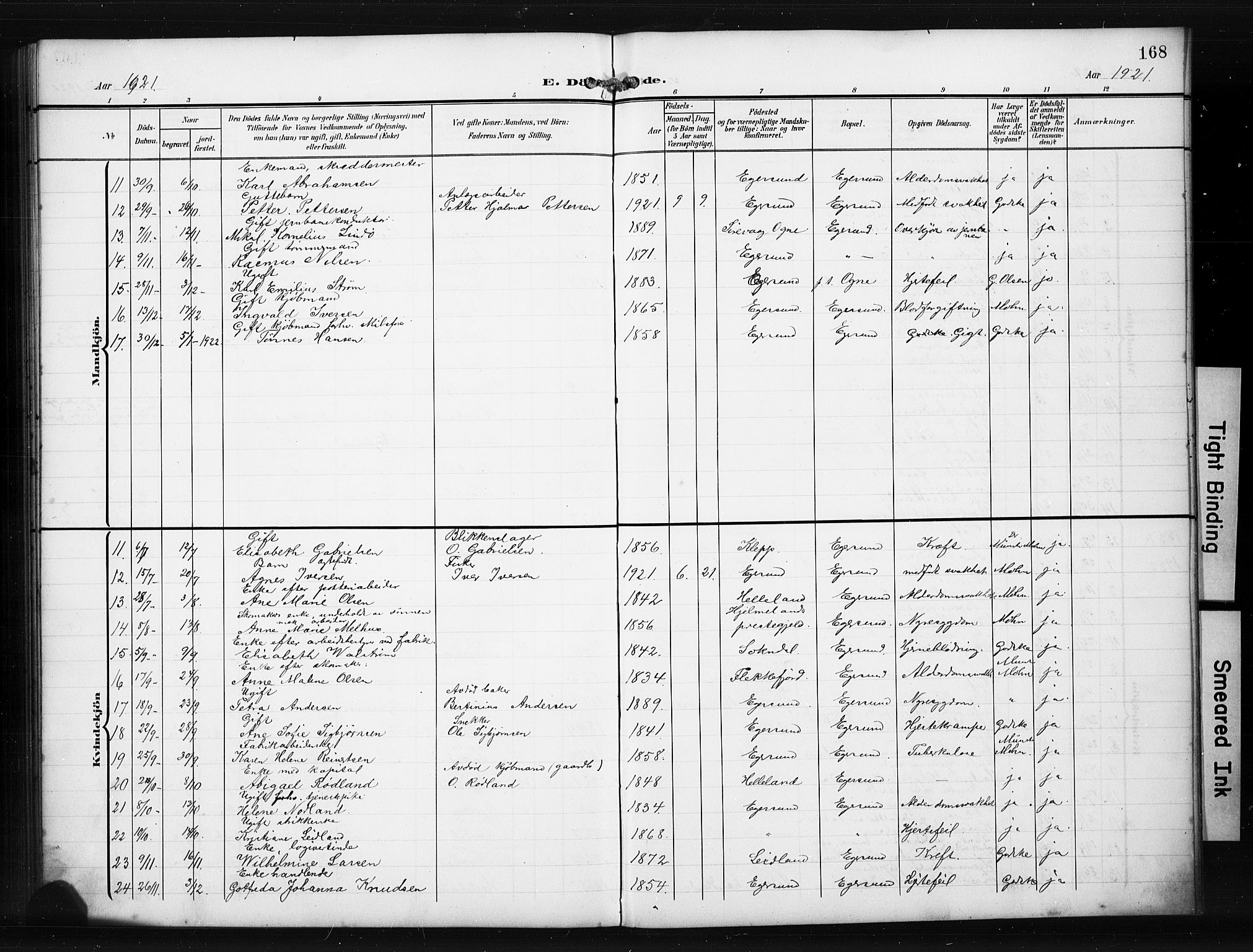 Eigersund sokneprestkontor, AV/SAST-A-101807/S09/L0012: Parish register (copy) no. B 12, 1908-1930, p. 168