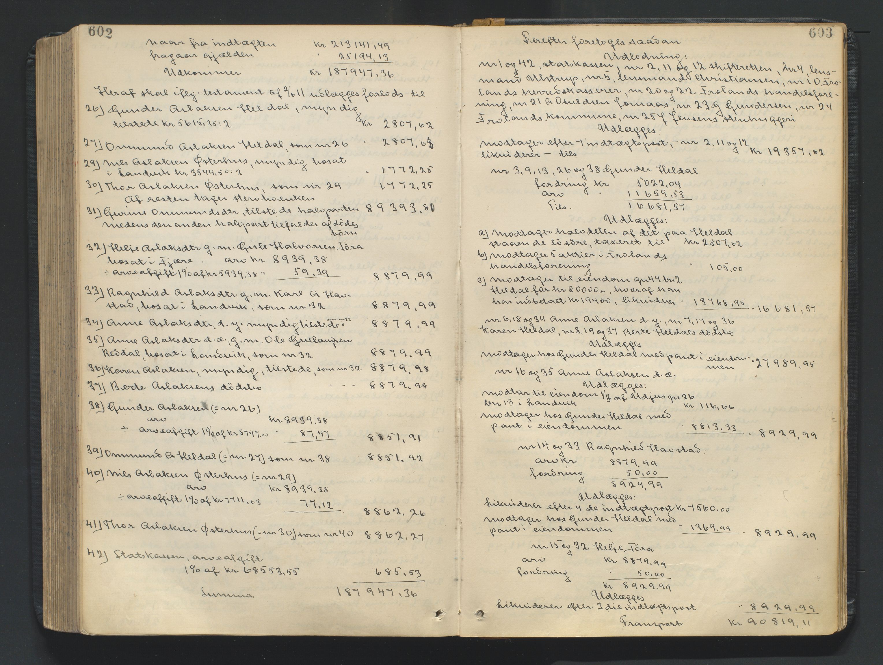 Nedenes sorenskriveri, AV/SAK-1221-0006/H/Hc/L0020: Skifteutlodningsprotokoll nr 6 med register, 1904-1913, p. 602-603