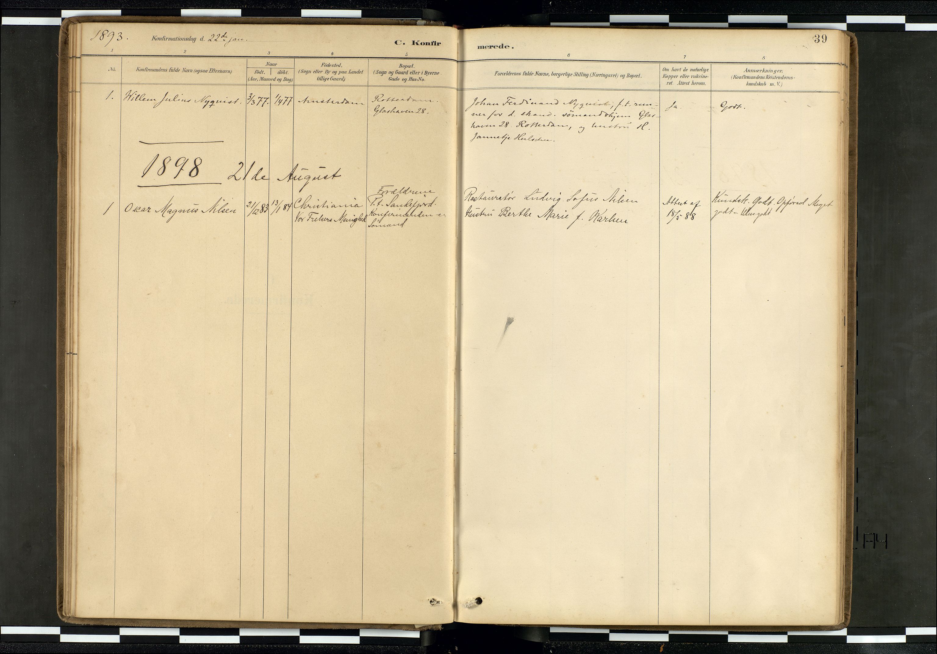 Den norske sjømannsmisjon i utlandet/Hollandske havner (Amsterdam-Rotterdam-Europort), AV/SAB-SAB/PA-0106/H/Ha/Haa/L0002: Parish register (official) no. A 2, 1887-1907, p. 38b-39a