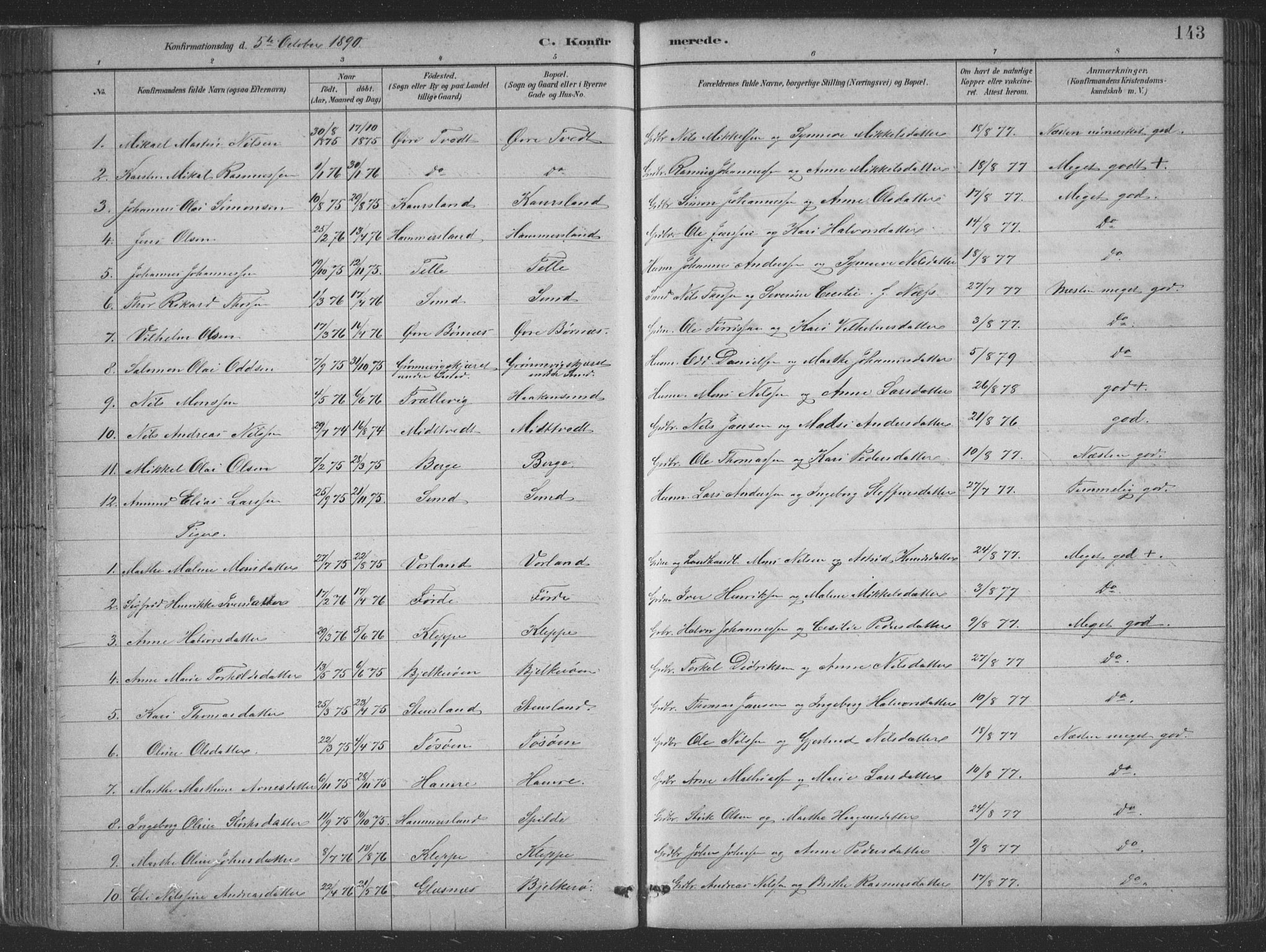 Sund sokneprestembete, SAB/A-99930: Parish register (copy) no. B 3, 1882-1911, p. 143