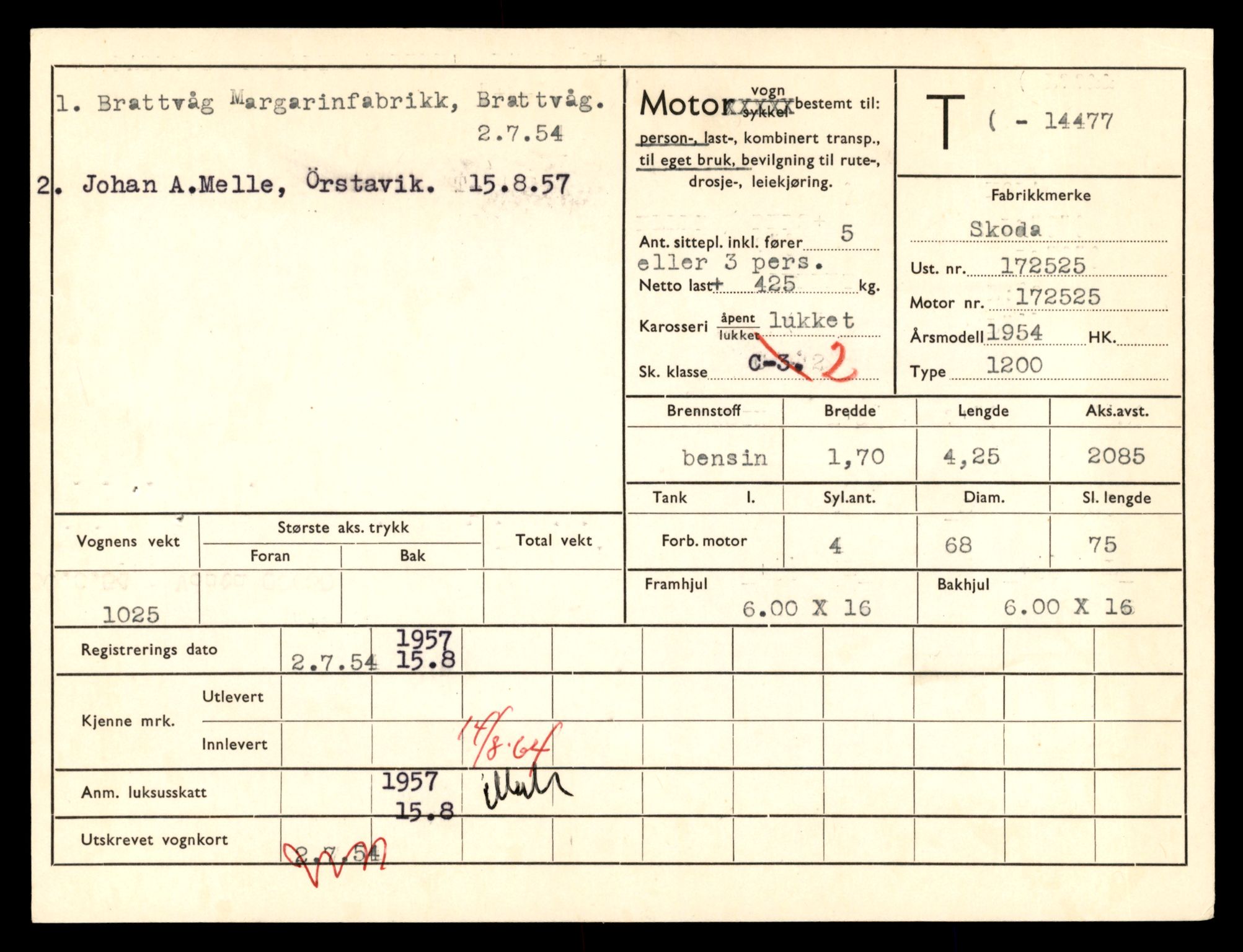 Møre og Romsdal vegkontor - Ålesund trafikkstasjon, AV/SAT-A-4099/F/Fe/L0046: Registreringskort for kjøretøy T 14445 - T 14579, 1927-1998