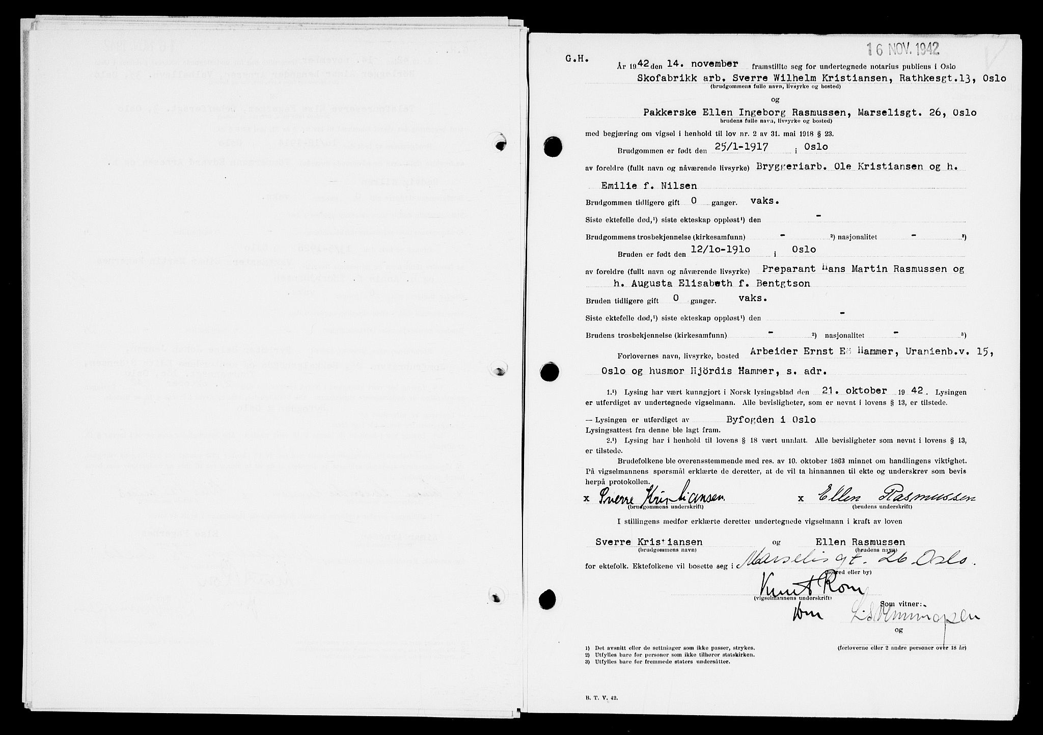 Oslo byfogd avd. I, AV/SAO-A-10220/L/Lb/Lbb/L0042: Notarialprotokoll, rekke II: Vigsler, 1942