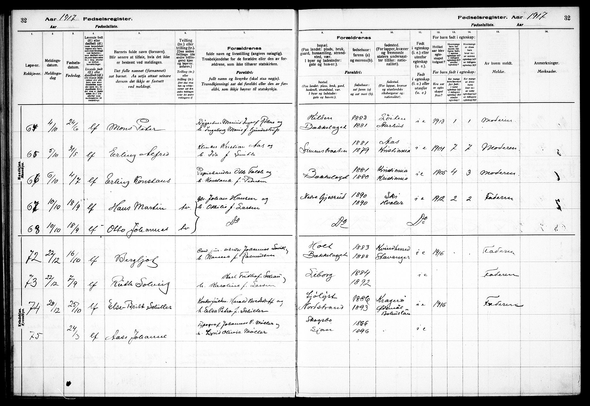 Nordstrand prestekontor Kirkebøker, AV/SAO-A-10362a/J/Ja/L0001: Birth register no. I 1, 1916-1924, p. 32