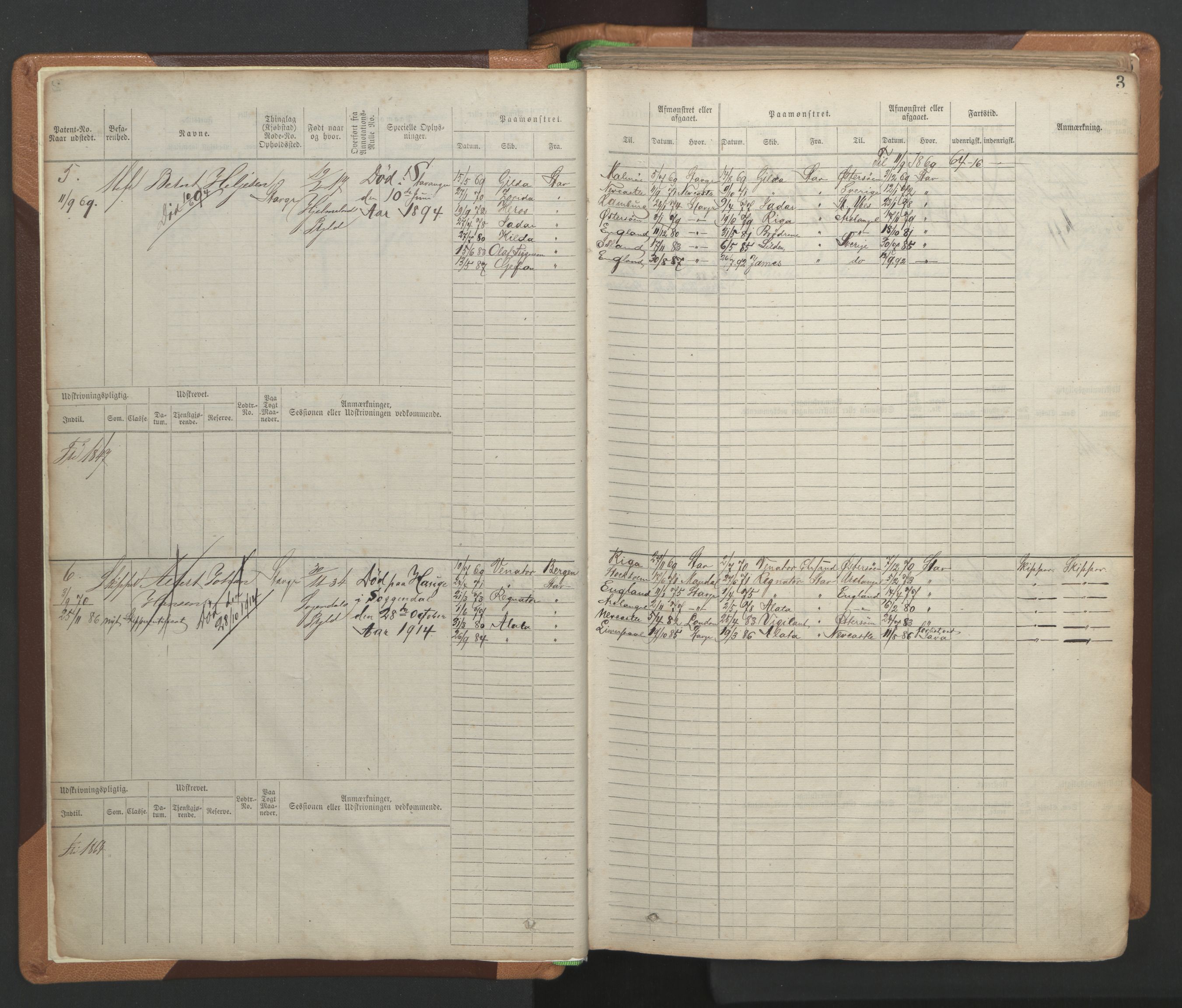 Stavanger sjømannskontor, AV/SAST-A-102006/F/Fb/Fbb/L0004: Sjøfartshovedrulle, patentnr. 1-792 (del 1), 1869-1880, p. 6