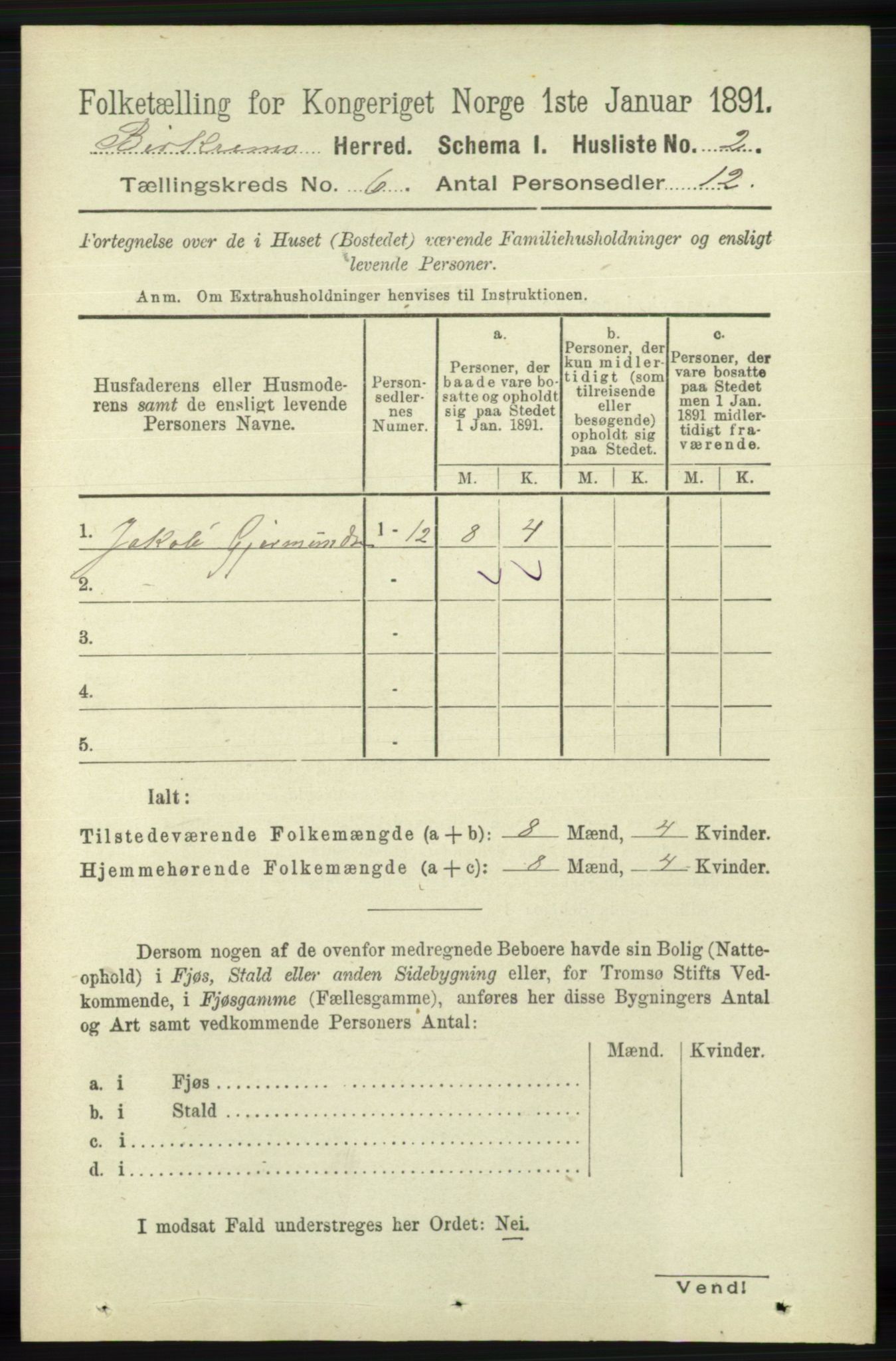 RA, 1891 census for 1114 Bjerkreim, 1891, p. 2003