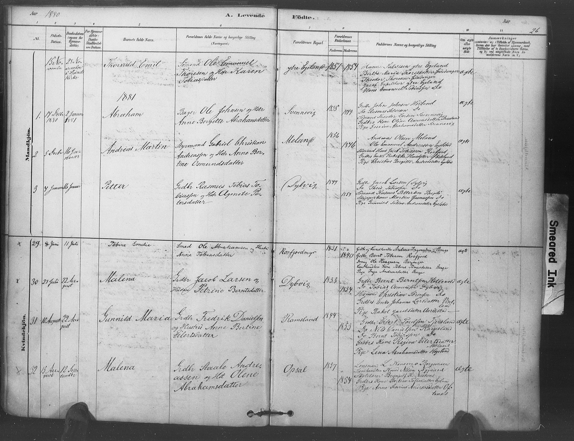 Lyngdal sokneprestkontor, AV/SAK-1111-0029/F/Fa/Fac/L0011: Parish register (official) no. A 11, 1878-1893, p. 26