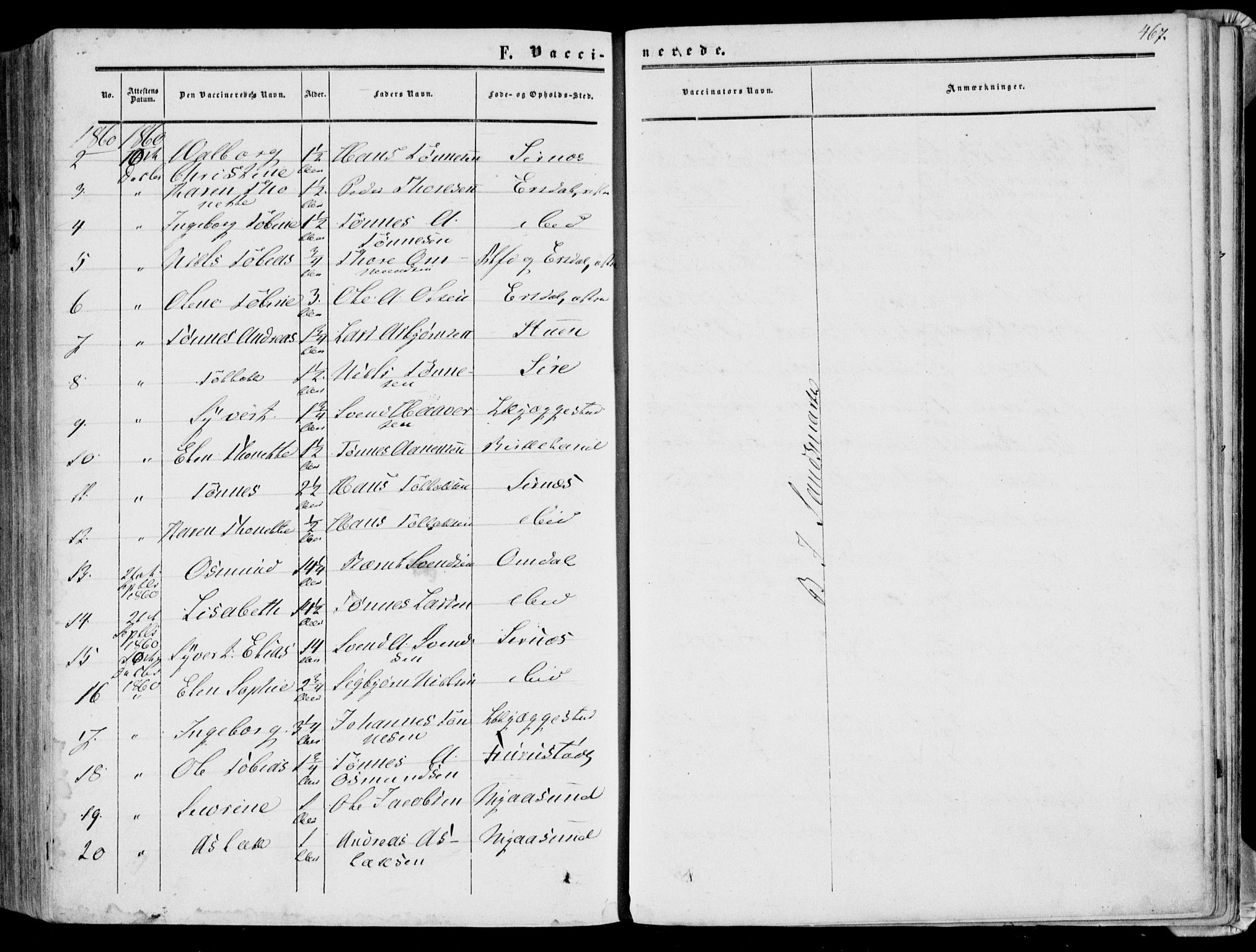 Bakke sokneprestkontor, AV/SAK-1111-0002/F/Fa/Faa/L0006: Parish register (official) no. A 6, 1855-1877, p. 467