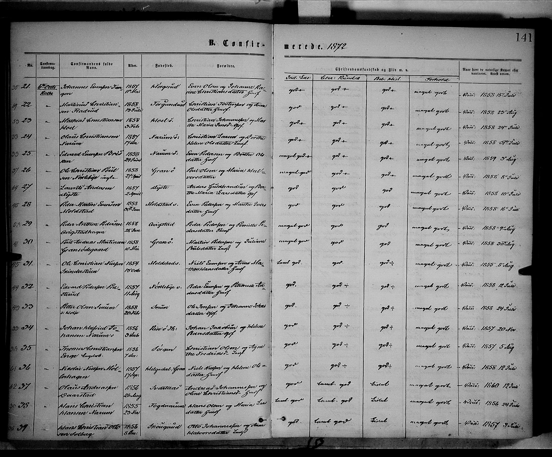 Vestre Toten prestekontor, SAH/PREST-108/H/Ha/Haa/L0008: Parish register (official) no. 8, 1870-1877, p. 141